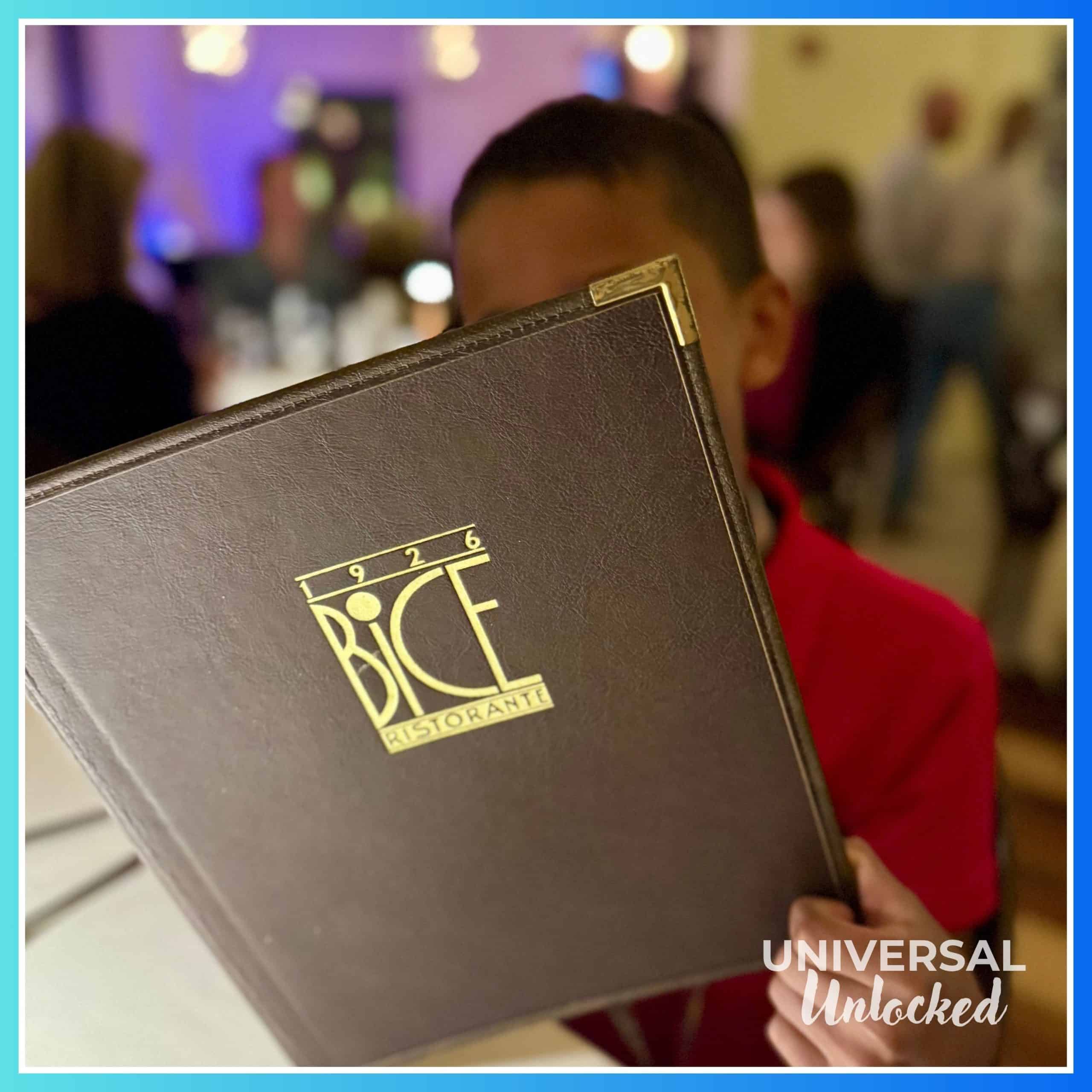 A Universal Unlocked child perusing the kids menu at BICE at Portofino Bay Hotel
