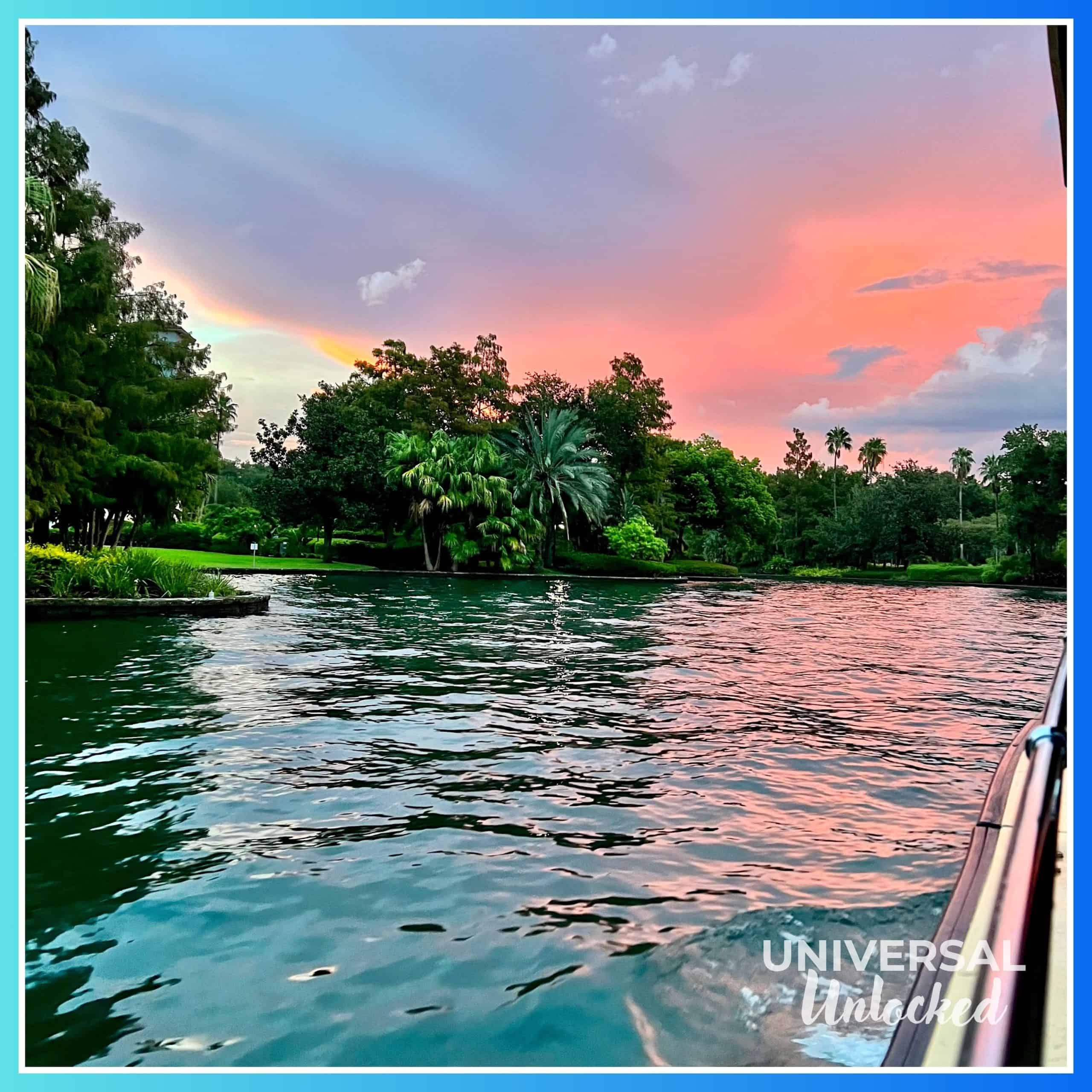 Scenic view of the Universal Orlando river from a water taxi for Universal Unlocked 2025 planning guide