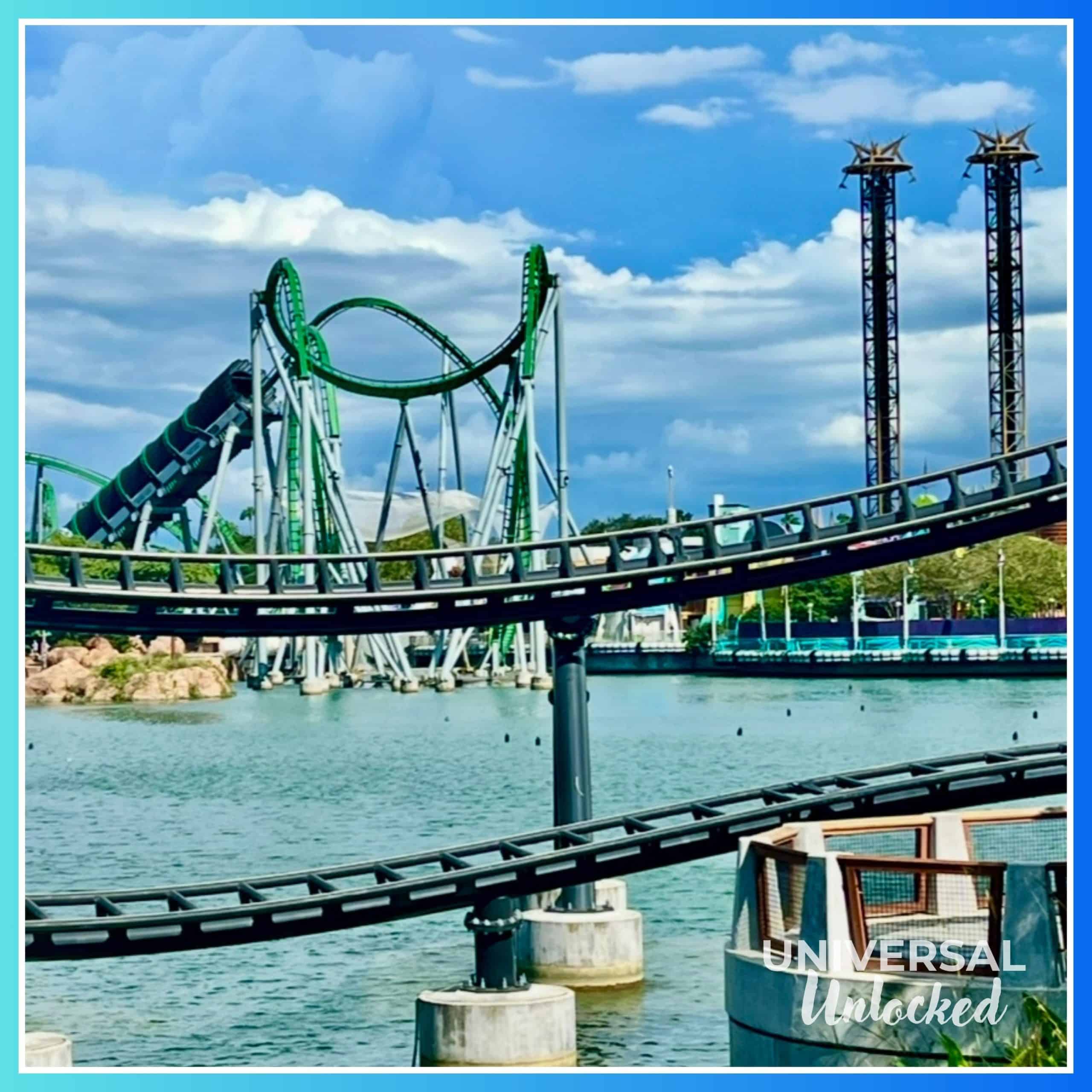 The Incredible Hulk Coaster®, Doctor Doom’s Fearfall®, and Jurassic World VelociCoaster at Islands of Adventure