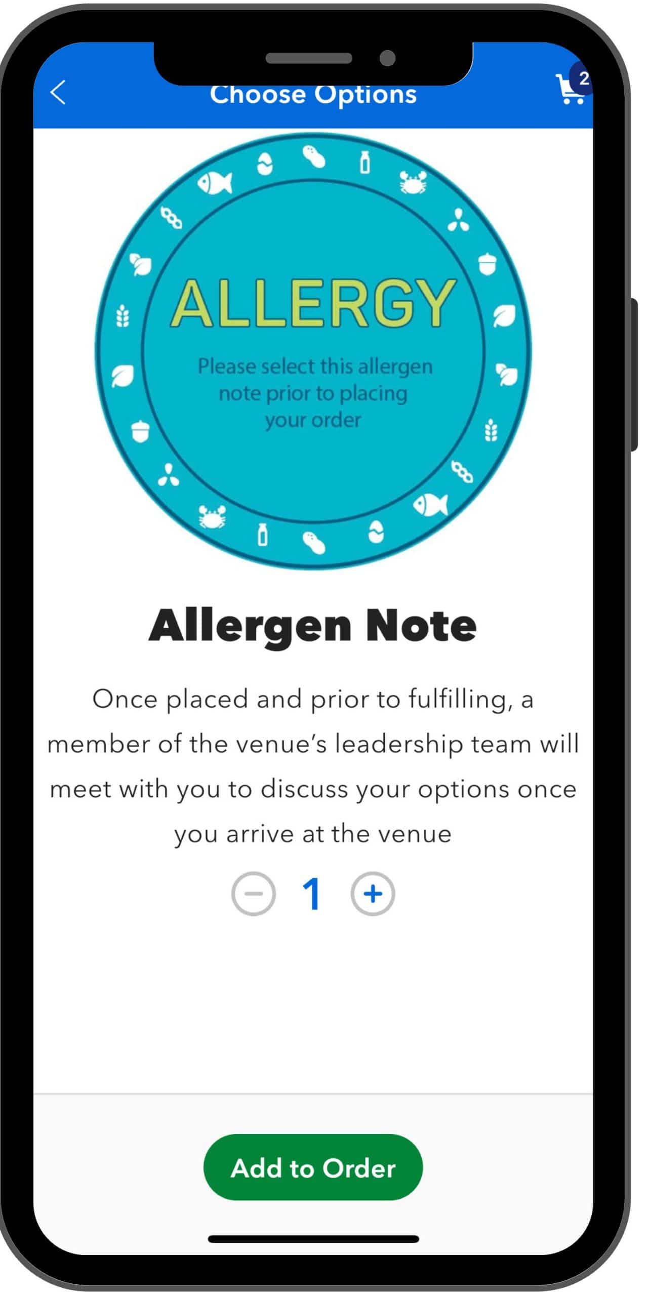 Screenshot of the allergy add on for mobile ordering in the Universal Orlando official app