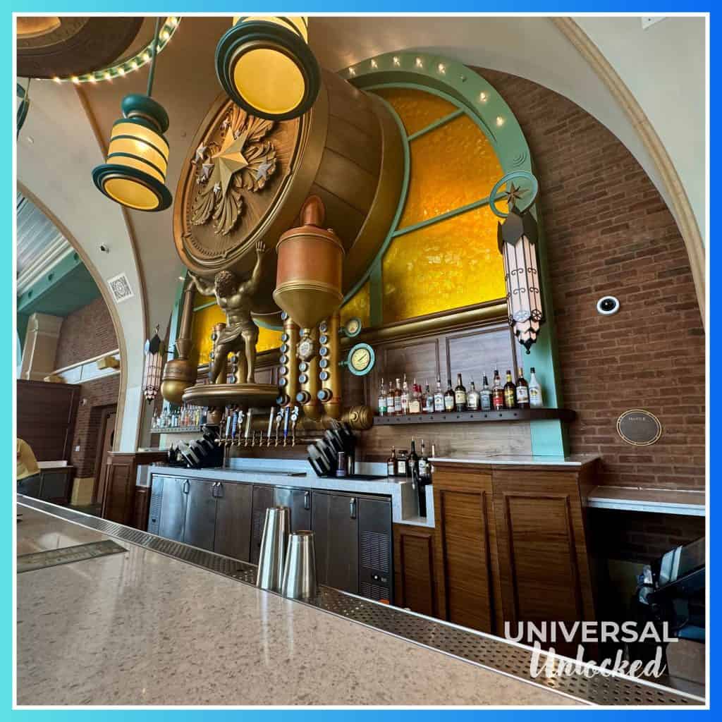 The bar at Meteor Astropub in Celestial Park, a new restaurant at EPIC Universe with great gluten free options