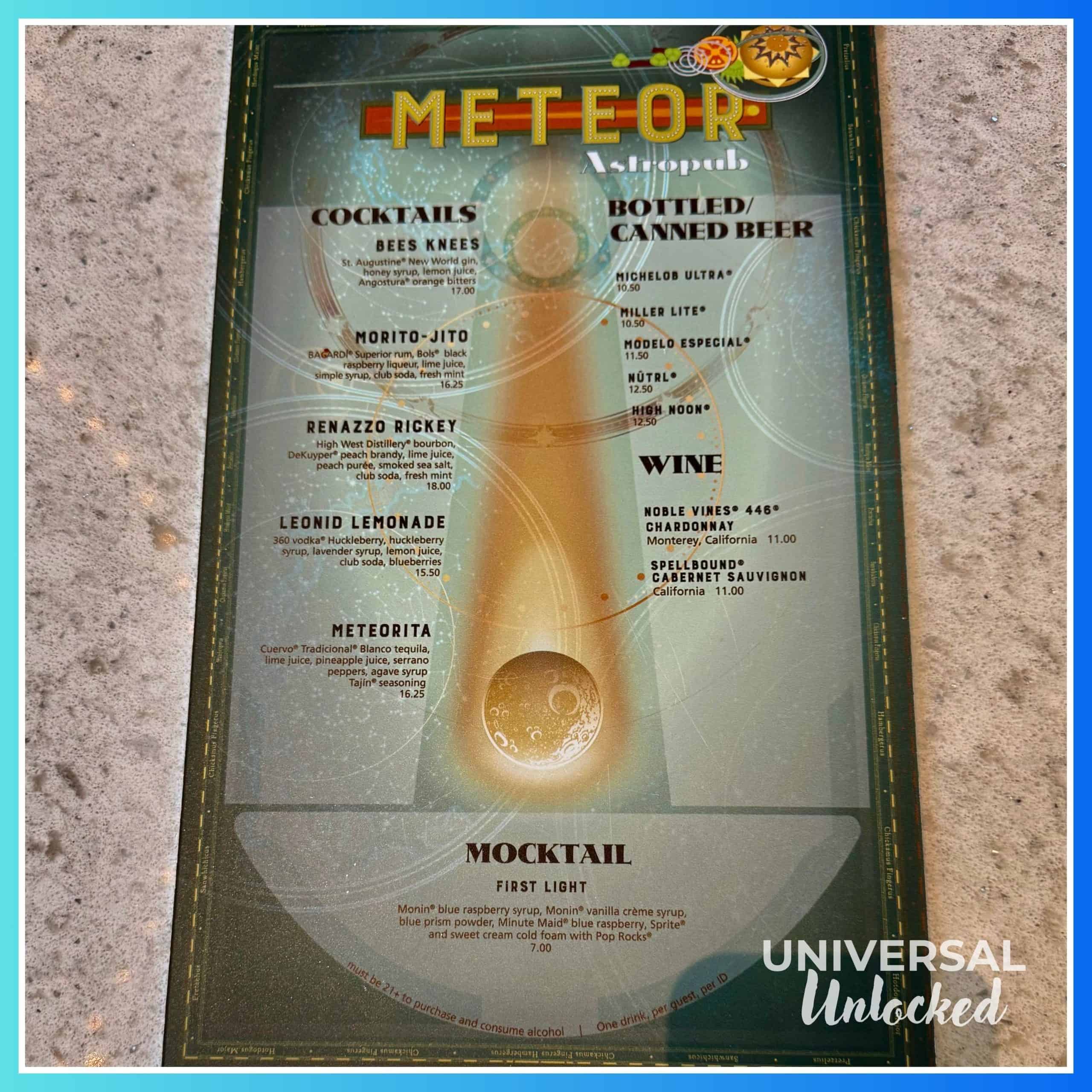 The bar menu at the Meteor Astropub in Celestial Park, a new restaurant at EPIC Universe with great gluten free options