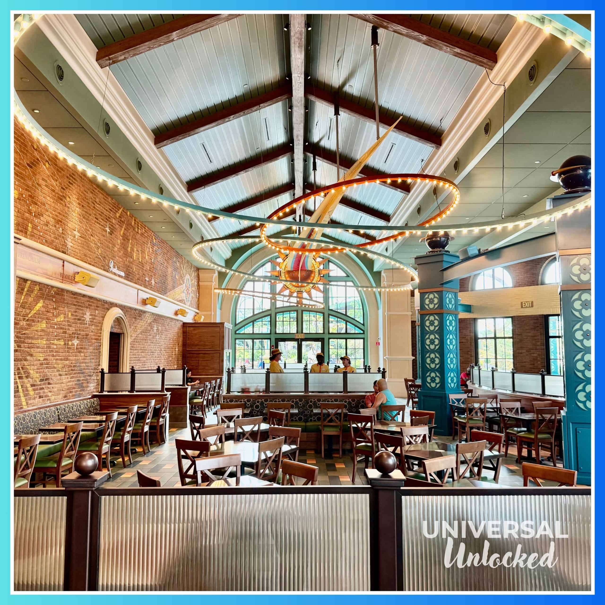 Dining room of Meteor Astropub in Celestial Park, a new restaurant at EPIC Universe with great gluten free options