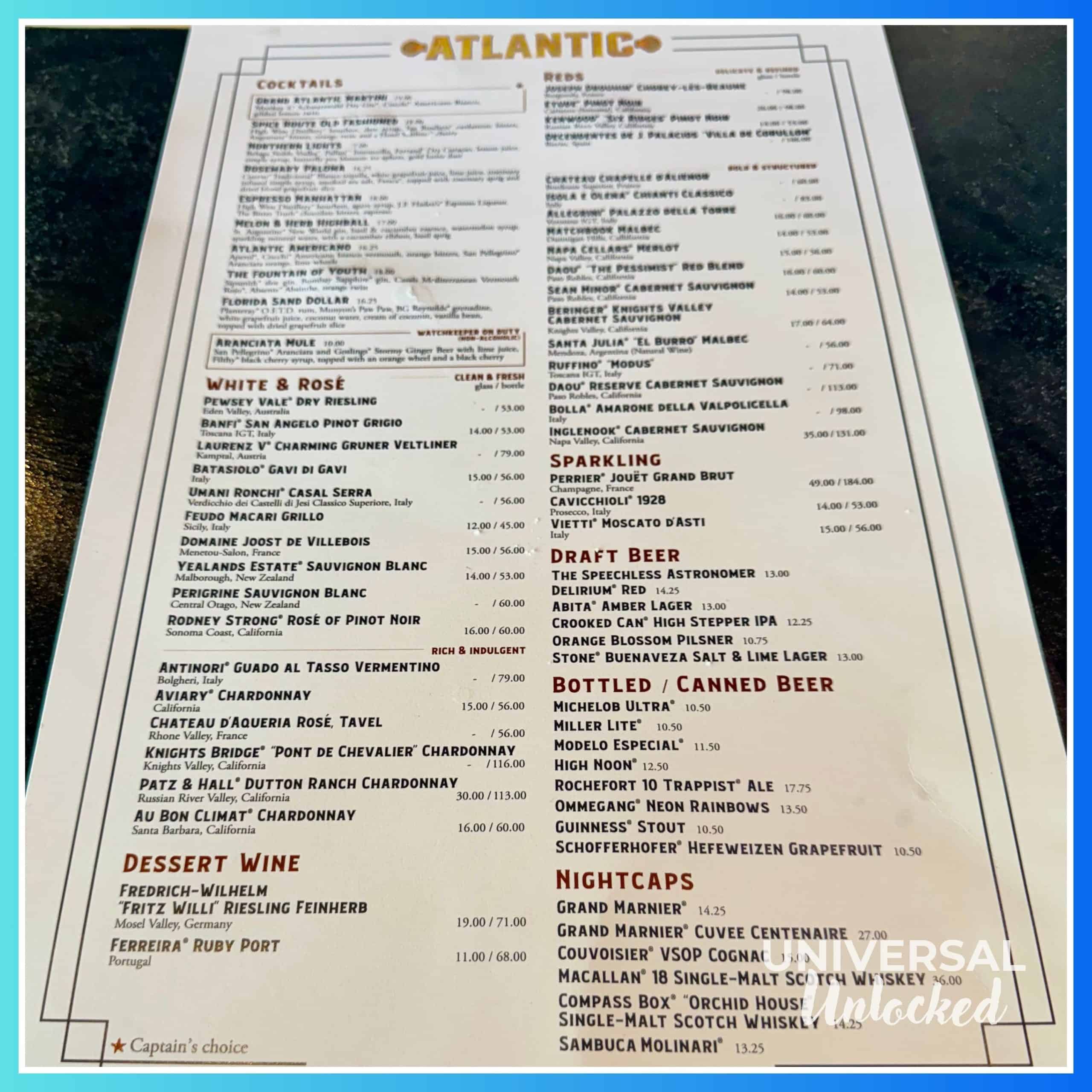 The bar menu at Atlantic, a new restaurant inside EPIC Universe with great gluten free options