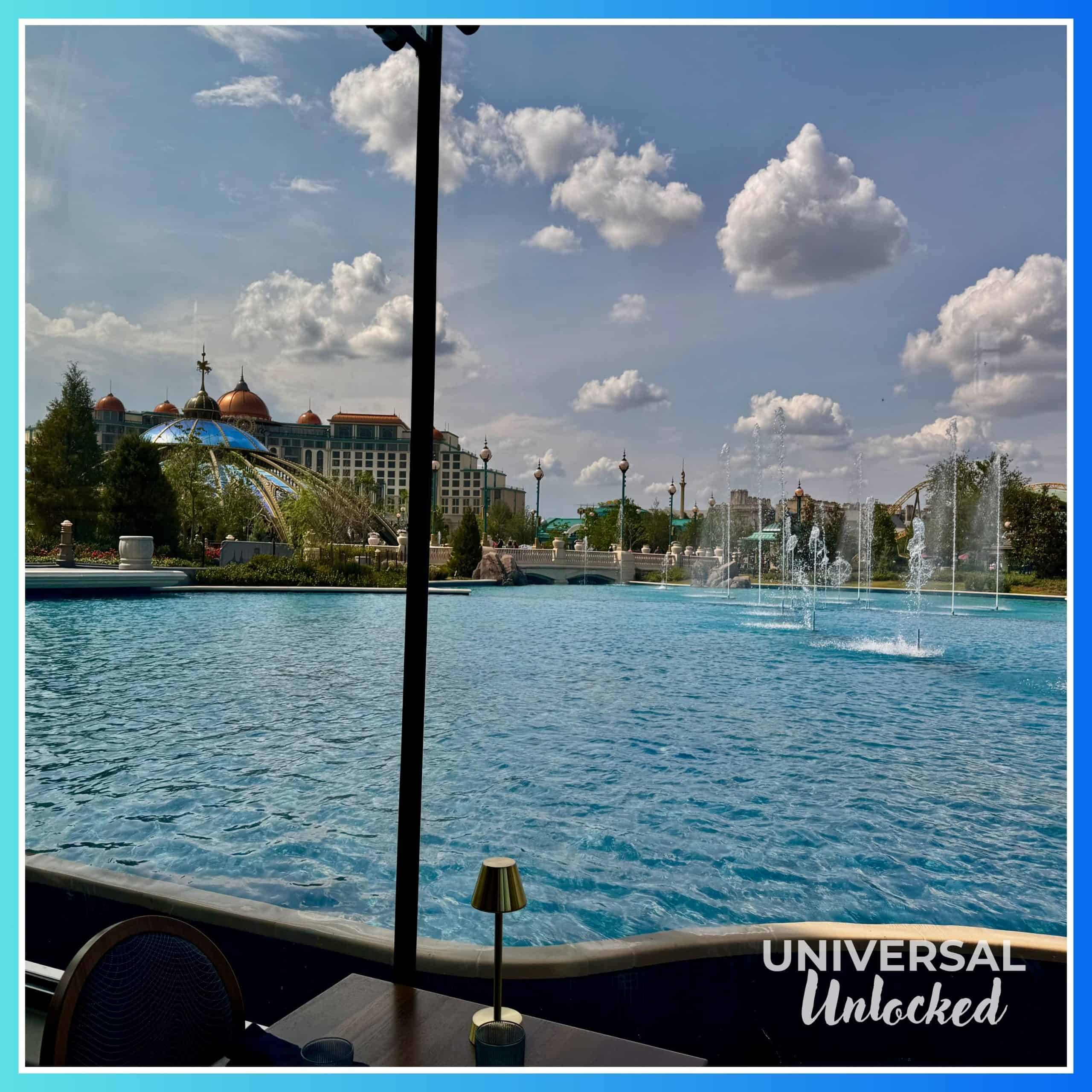 View across the lake from Atlantic restaurant at EPIC Universe