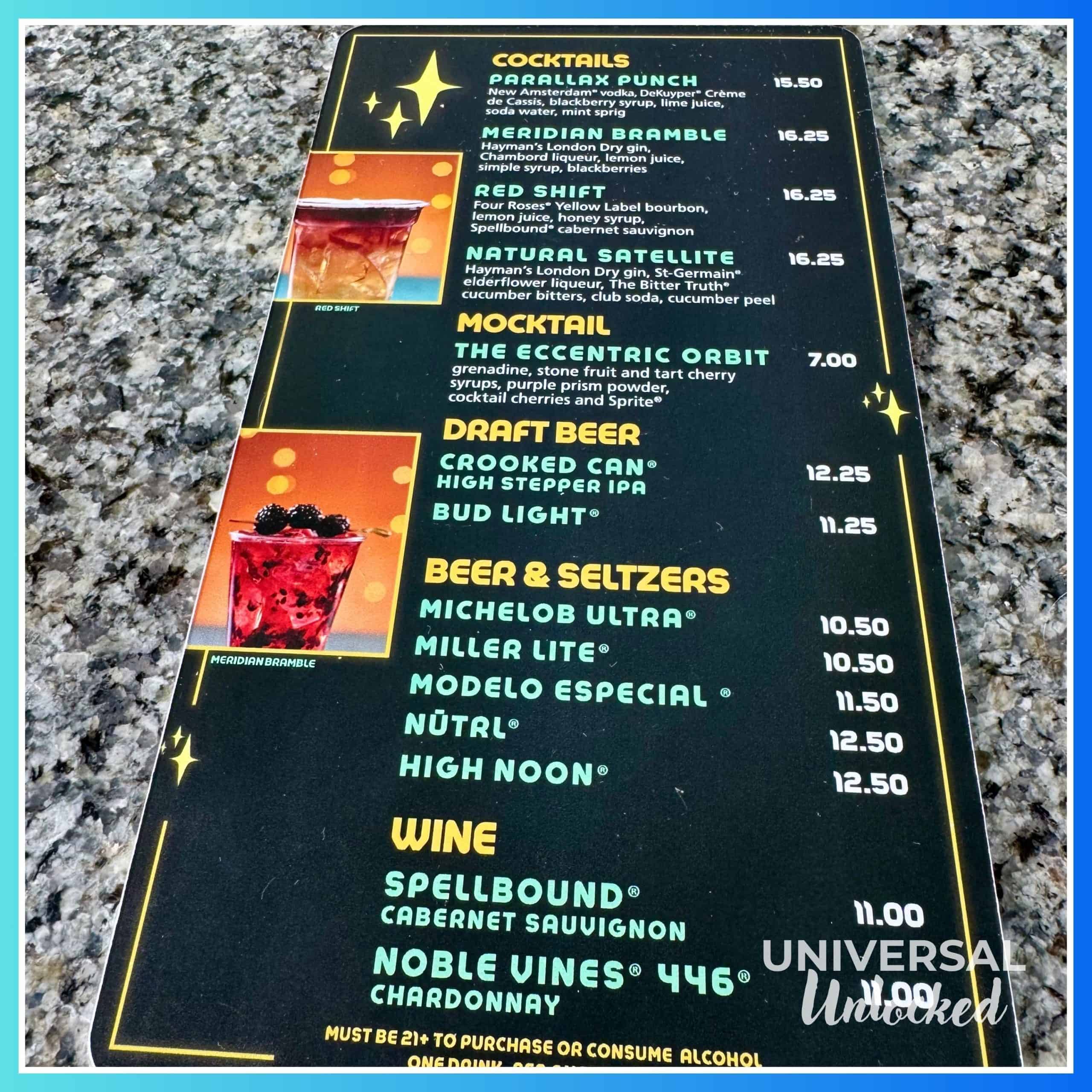 Menu from Bar Zenith in Celestial Park at EPIC Universe for the Universal Unlocked gluten free at epic universe travel guide