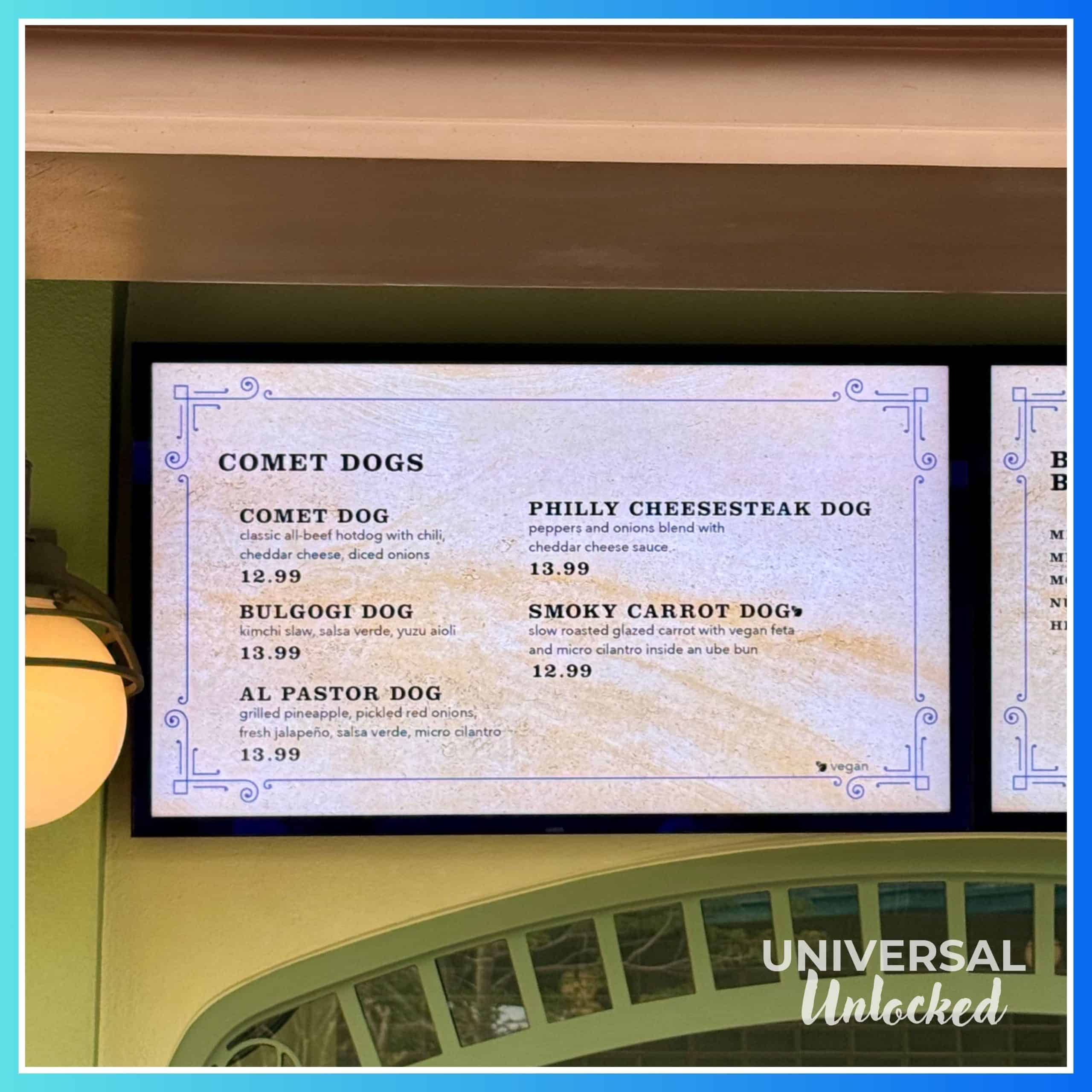 Comet Dogs quick stop restaurant in Celestial Park at EPIC Universe for the Universal Unlocked gluten free at epic universe travel guide