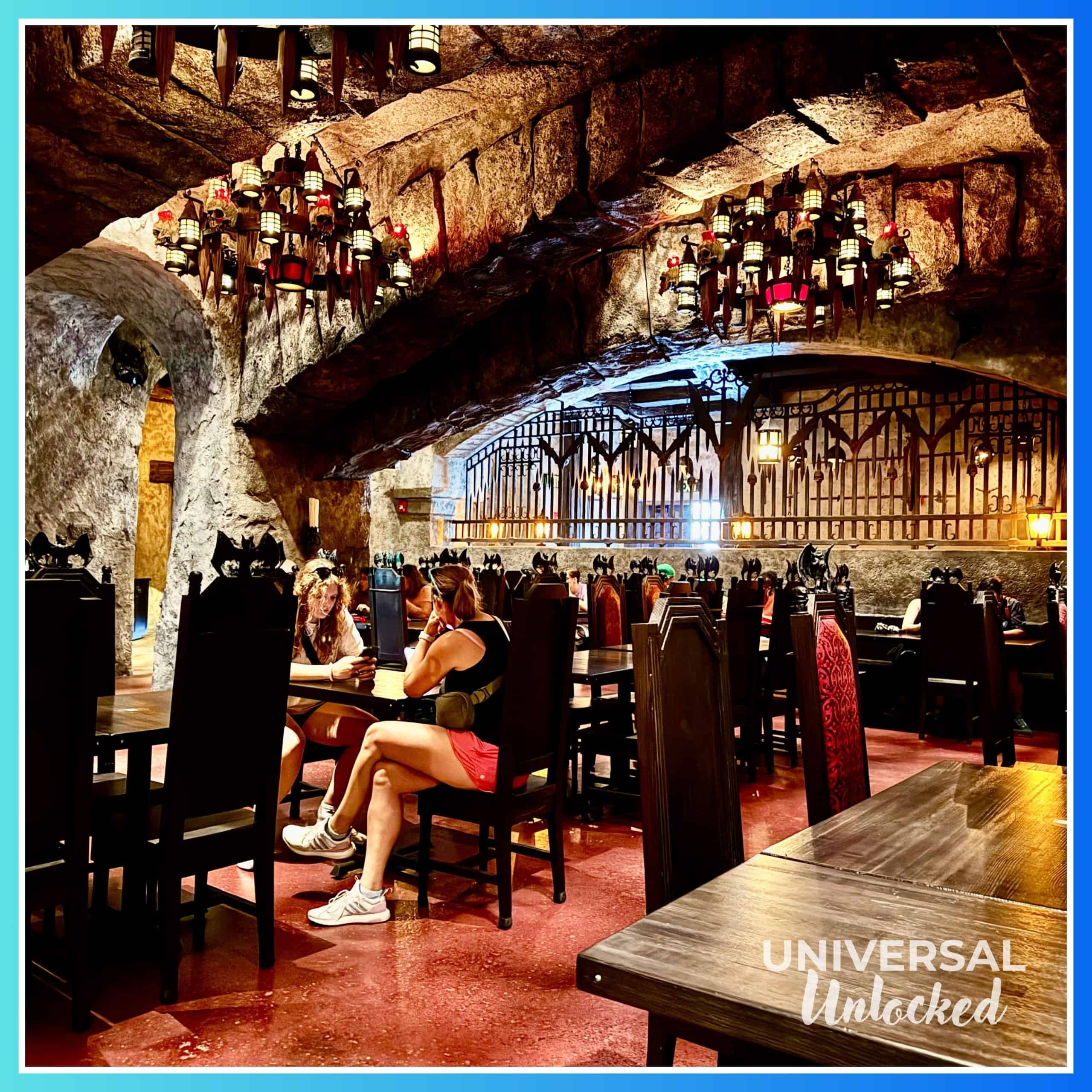 Inside Das Steakhouse in Dark Universe at EPIC Universe for the Universal Unlocked gluten free at epic universe travel guide