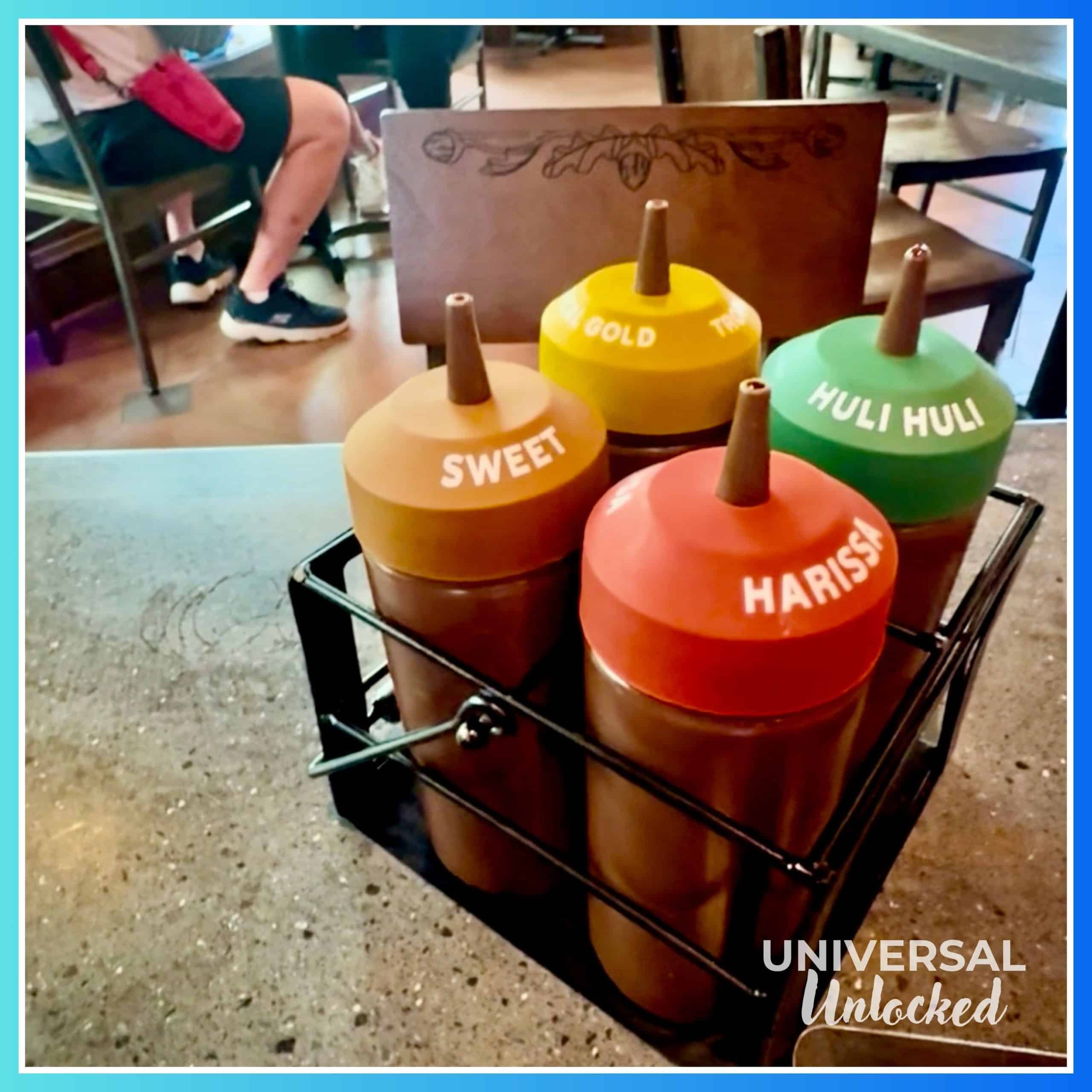 BBQ sauce options at the Oak & Star Tavern, a new restaurant at EPIC Universe with great gluten free options