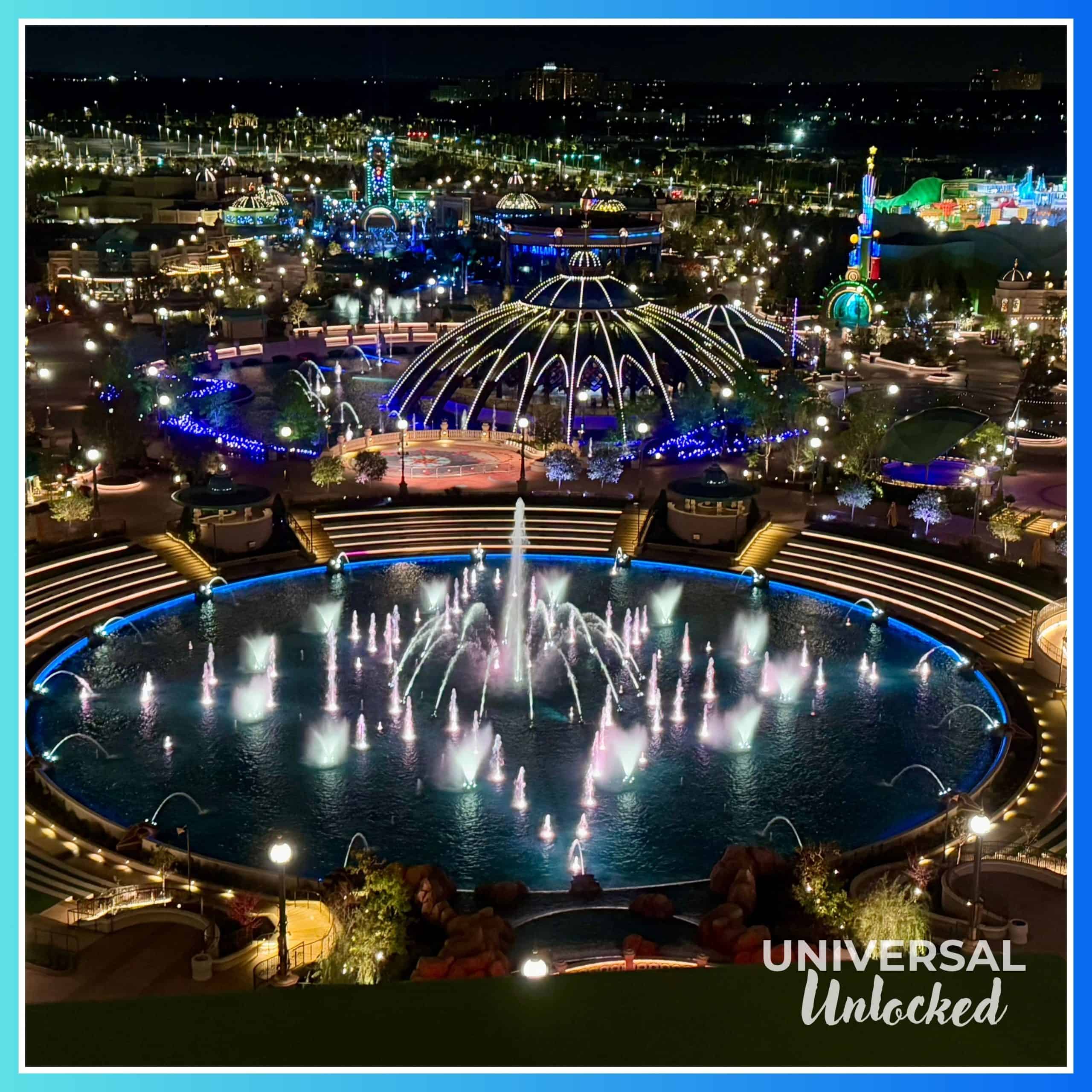 EPIC Universe at night from Bar Helios at the Helios Grand Hotel for Universal Unlocked's gluten free guide to epic universe hotels
