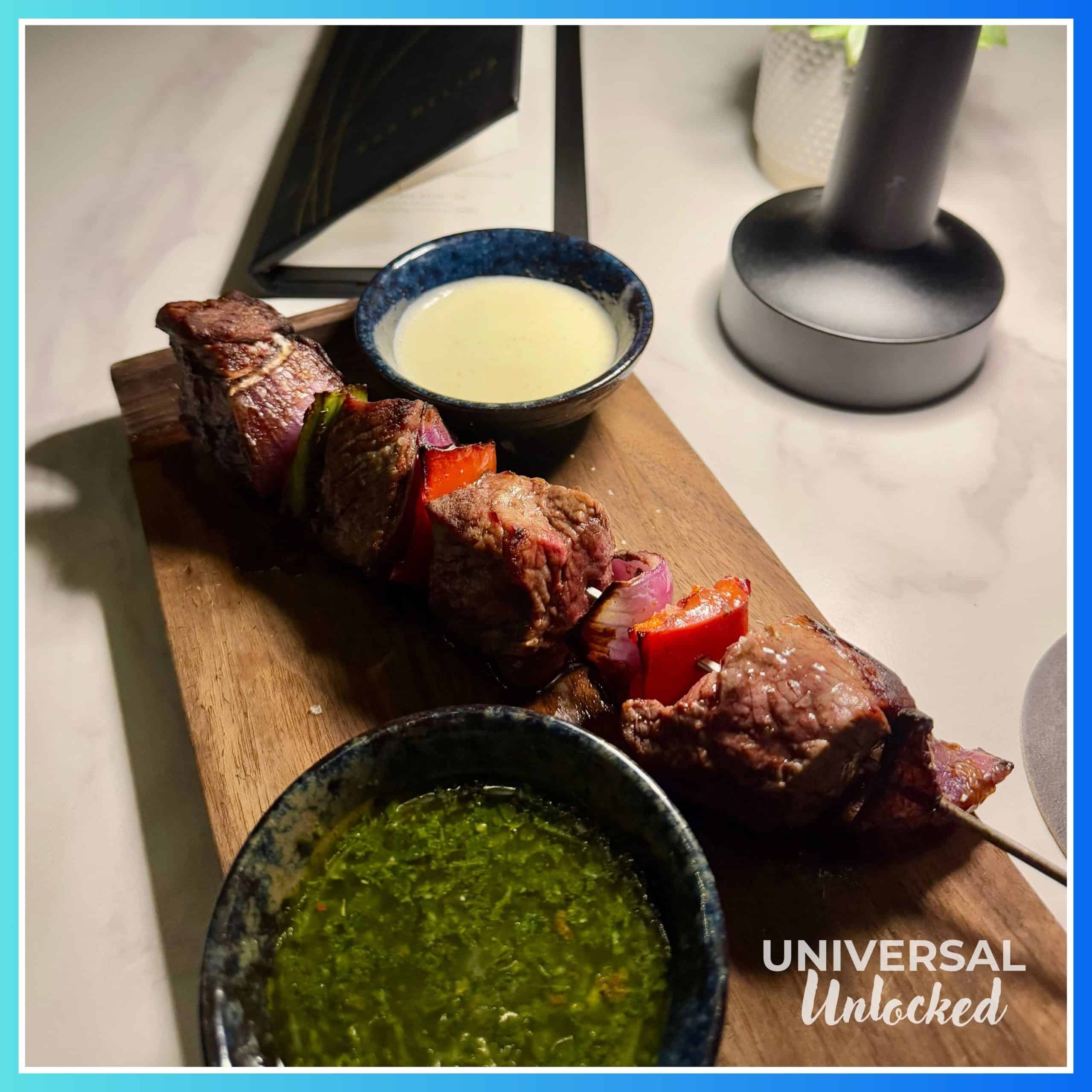 Gluten Free Beef Skewer at Bar Helios at the Helios Grand Hotel for Universal Unlocked's gluten free guide to epic universe hotels