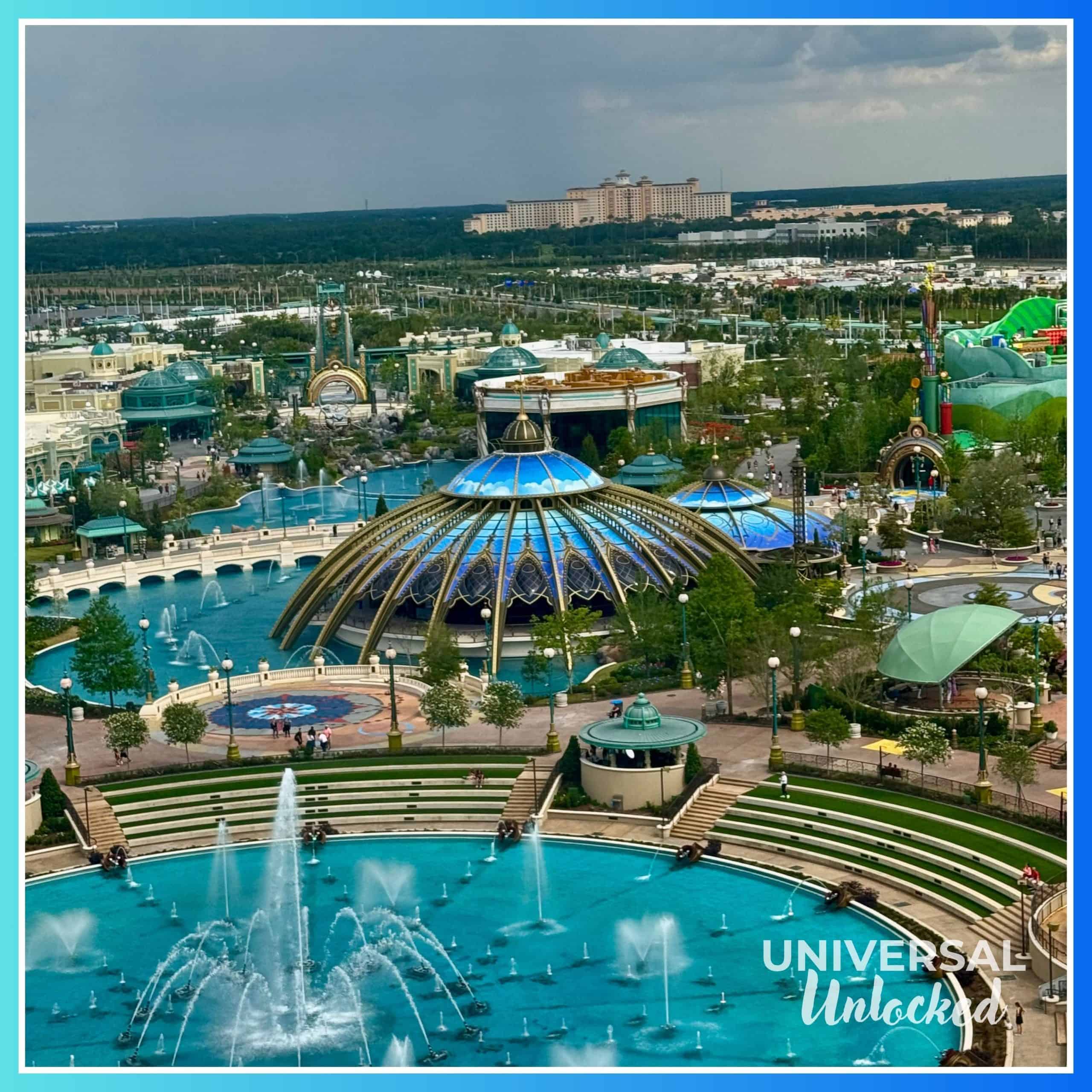 Day views of EPIC Universe from Bar Helios at the Helios Grand Hotel for Universal Unlocked's gluten free guide to epic universe hotels