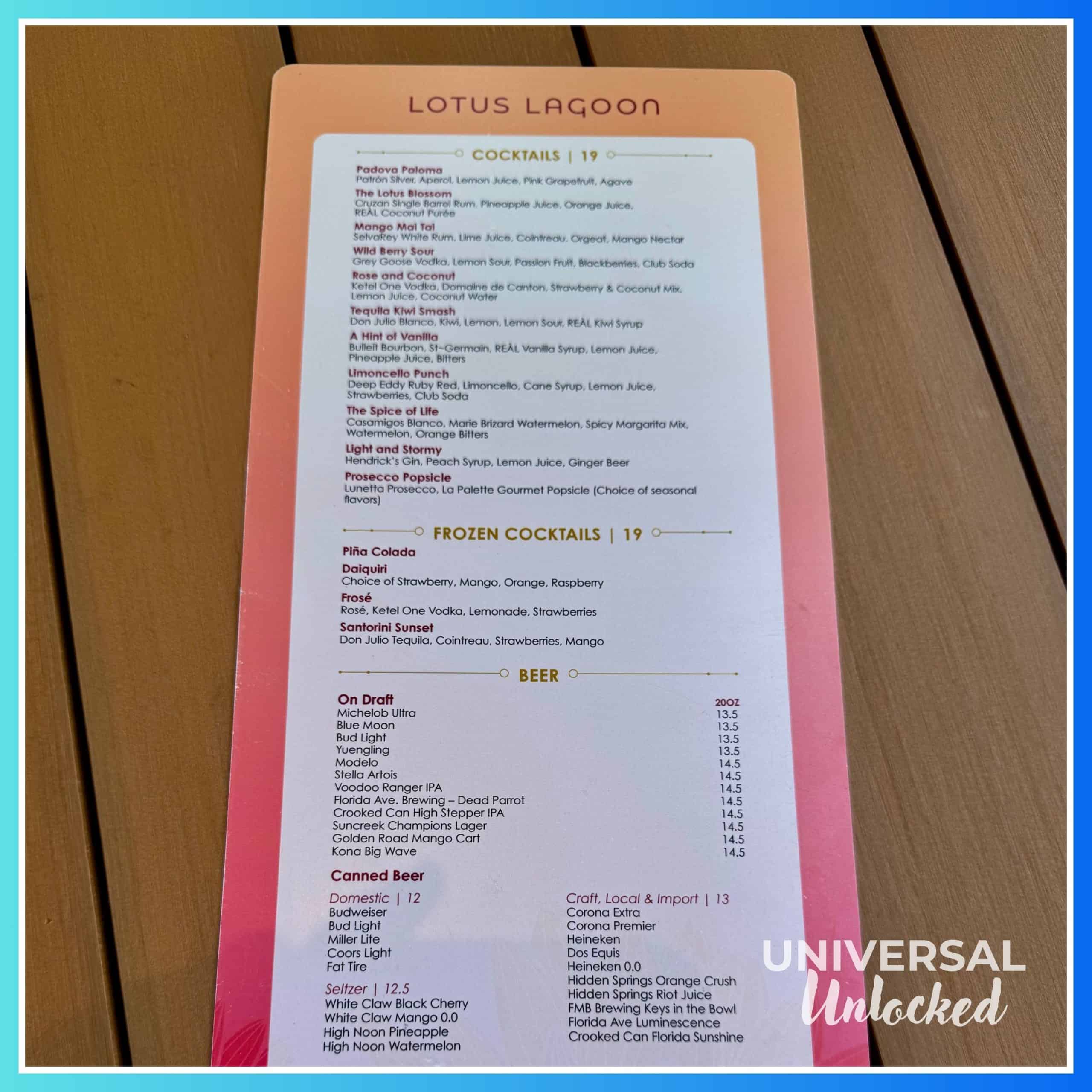 Bar menu at the Lotus Lagoon pool and bar at the Helios Grand Hotel