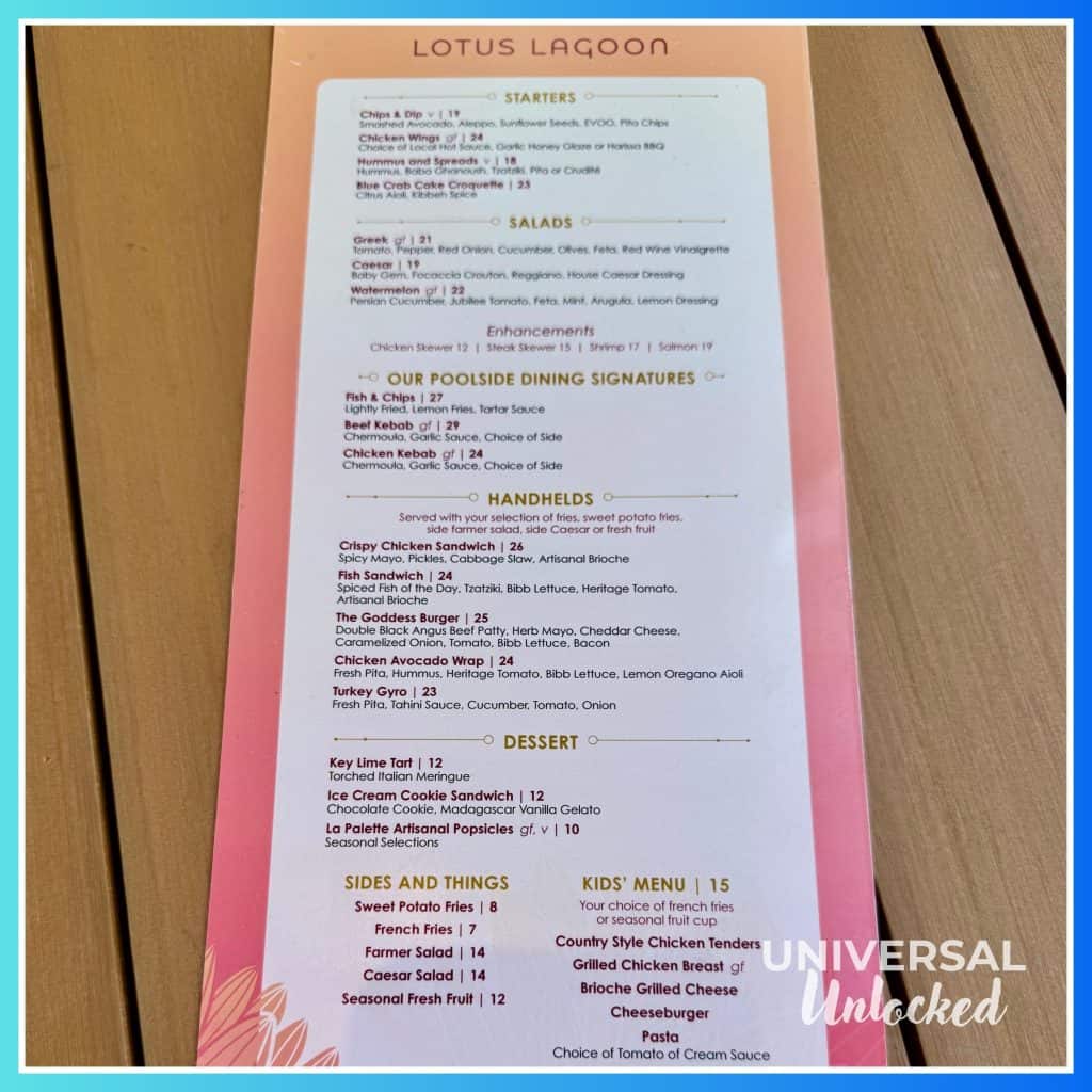 Food menu at the Lotus Lagoon pool and bar at the Helios Grand Hotel