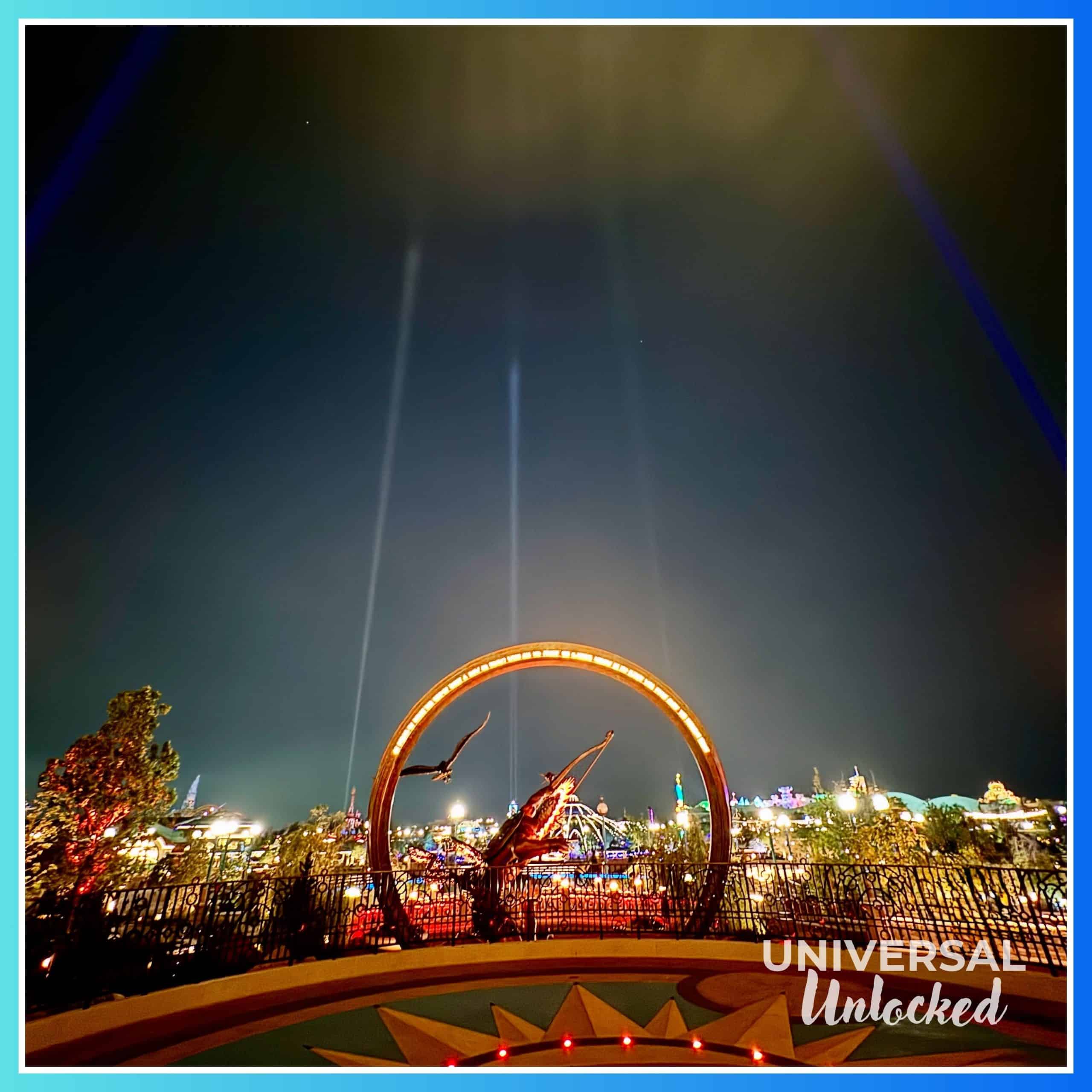 Back patio of the Helios Grand Hotel, looking out over EPIC Universe theme park for Universal Unlocked's gluten free guide to epic universe hotels