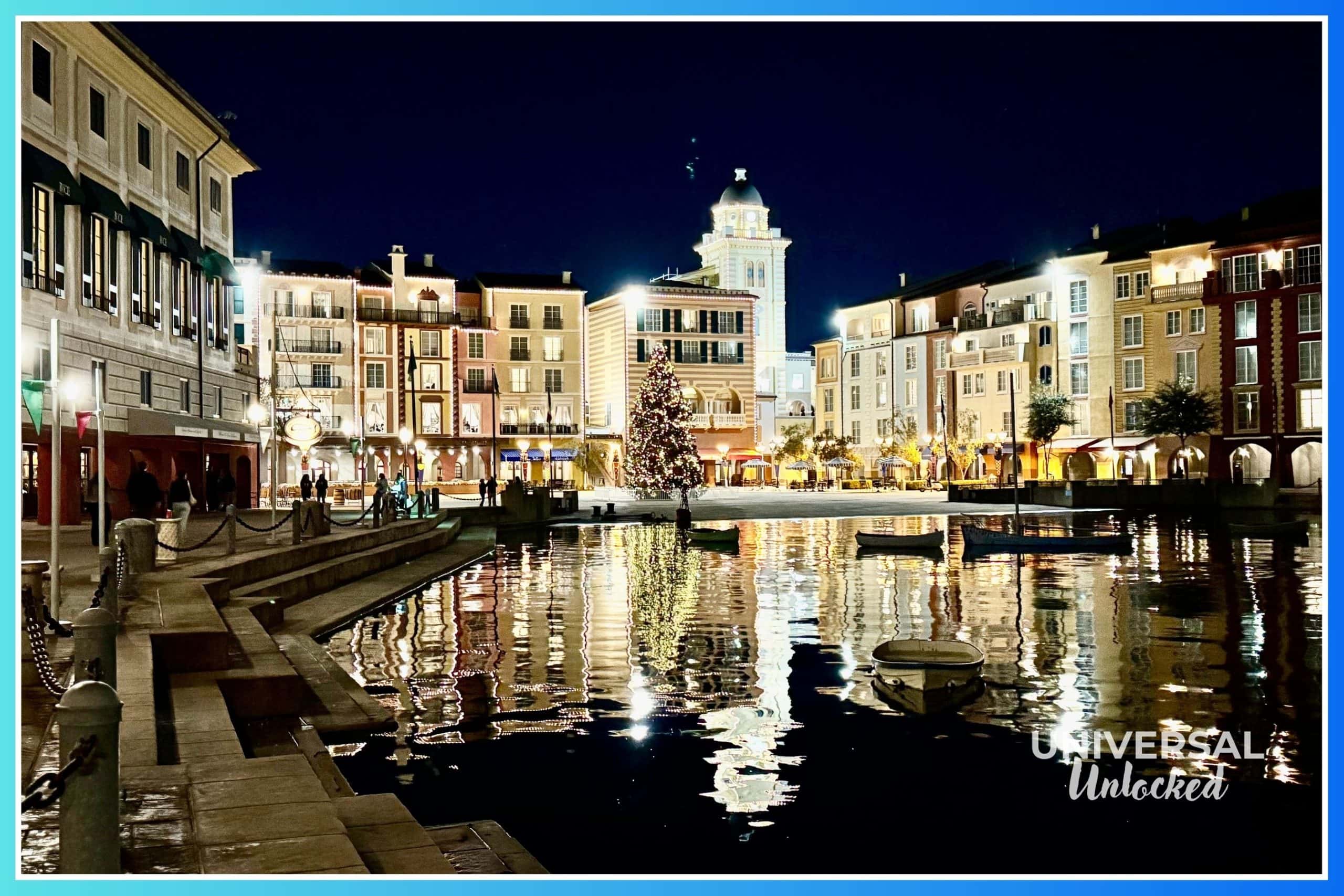 View of the Portofino Bay Hotel Harbor Piazza at Night