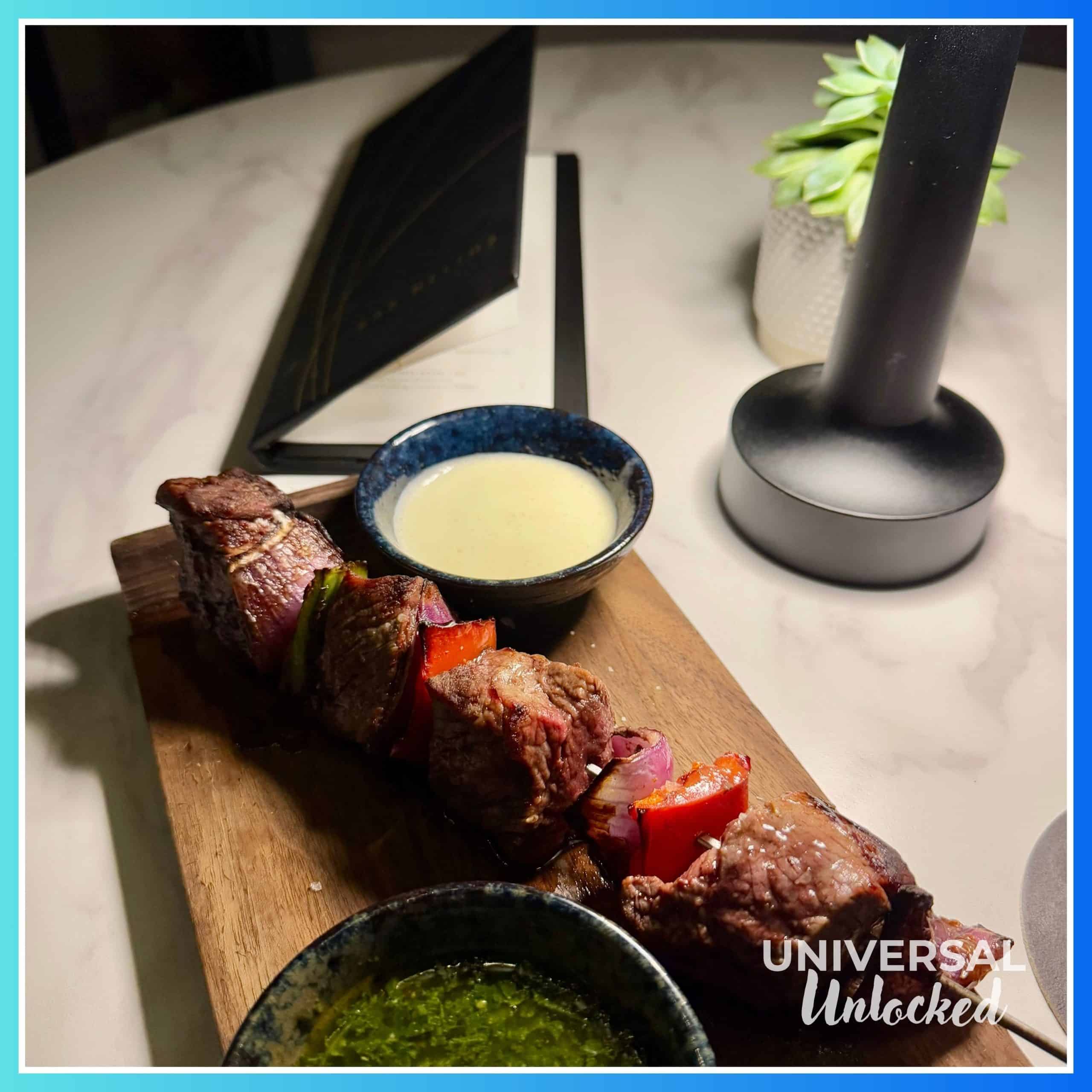 Beef skewer at Bar Helios at the Helios Grand Hotel