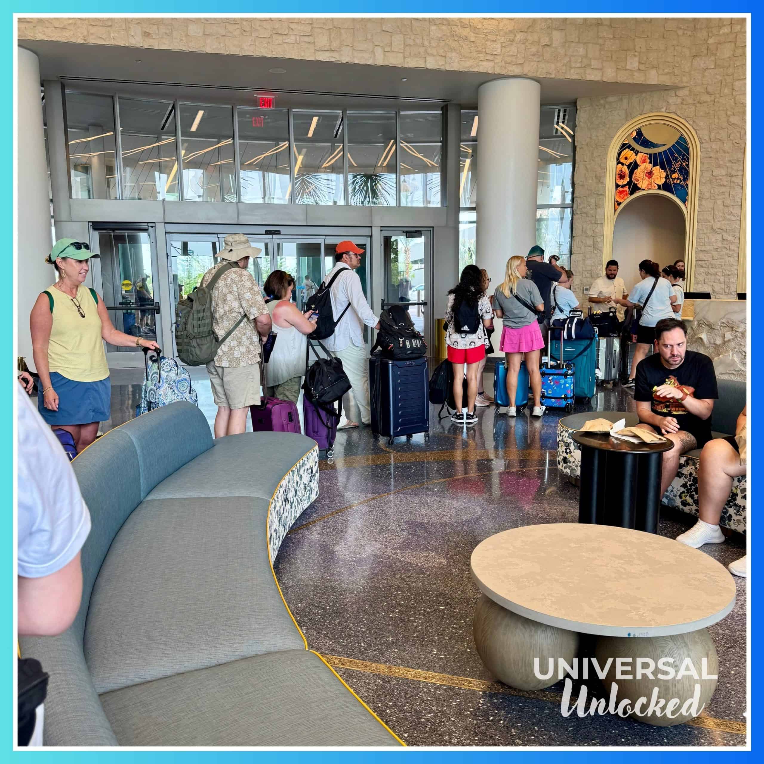 Morning line to store luggage in the Helios Grand Hotel main lobby