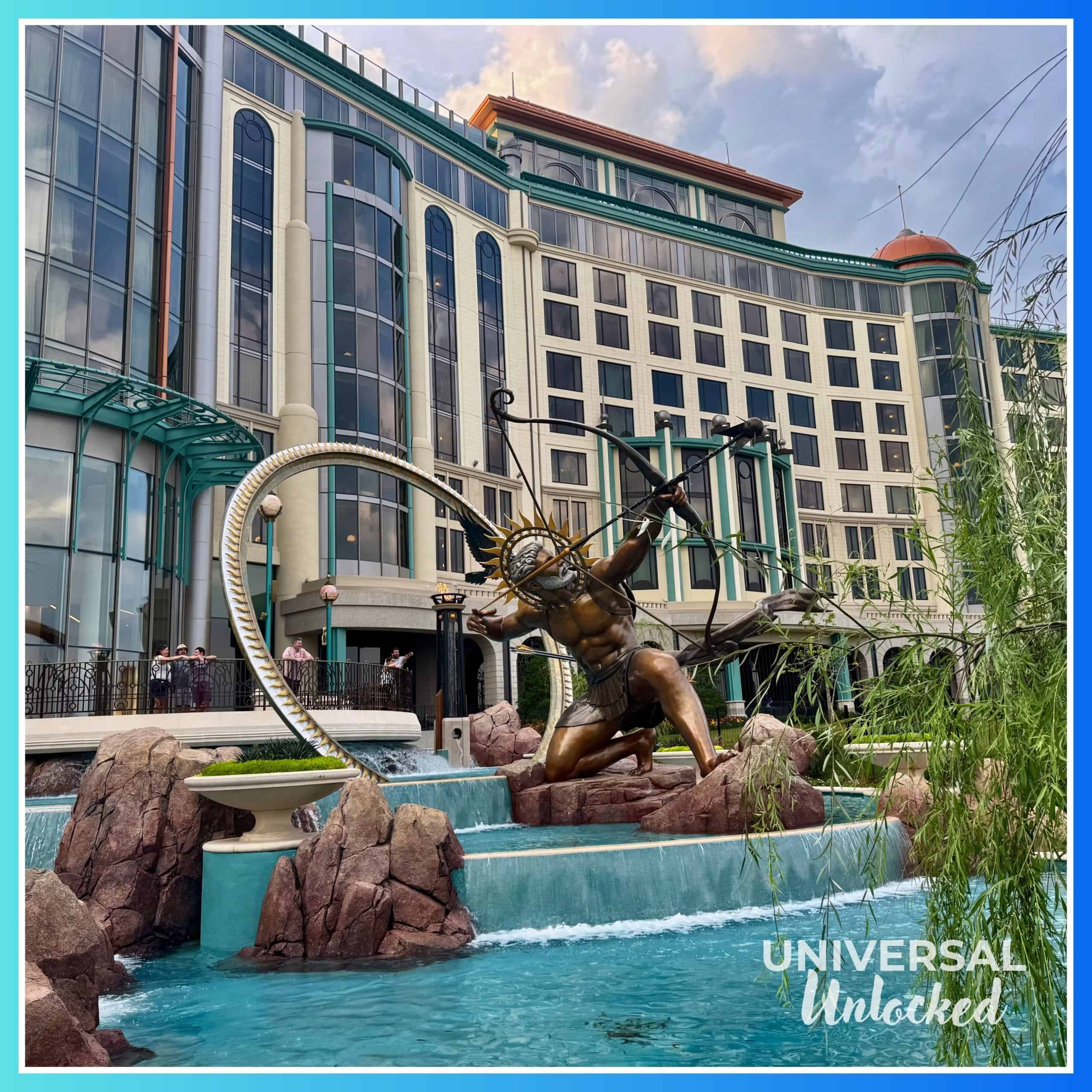 View of the Helios statue during the day from EPIC Universe