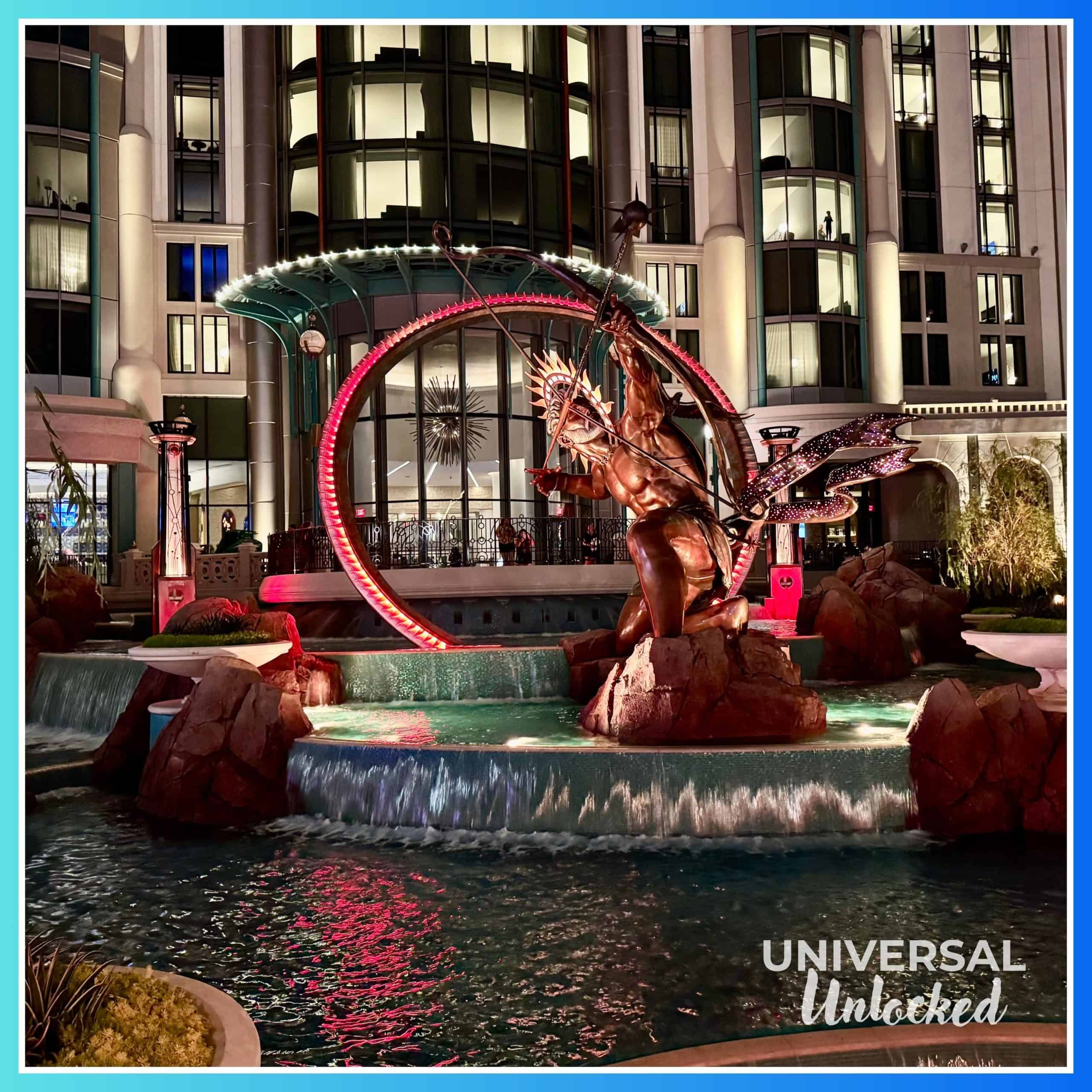 View of the Helios Statue from EPIC Universe at night