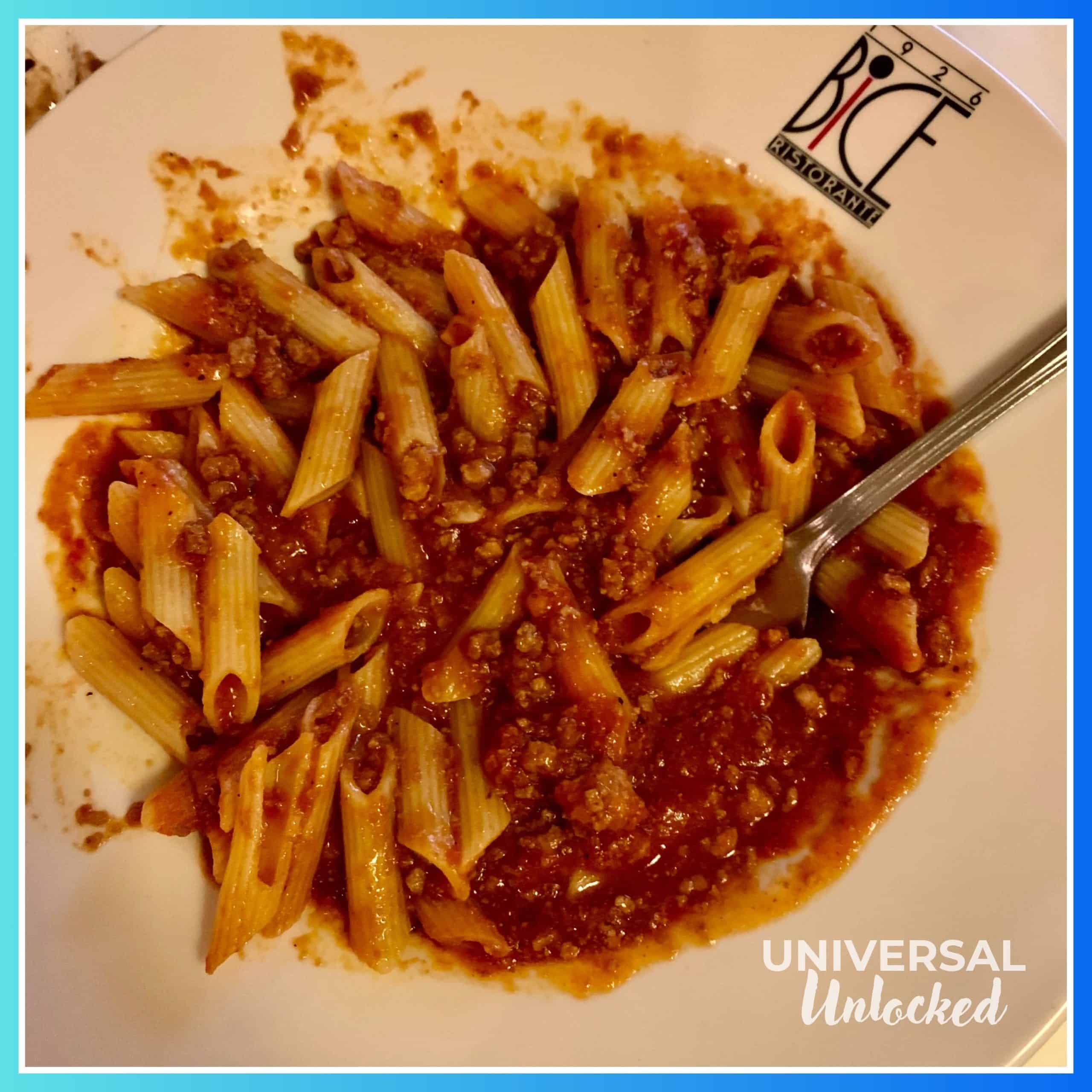 Gluten free bolognese at BICE Ristorante at Loews Portofino Bay Hotel
