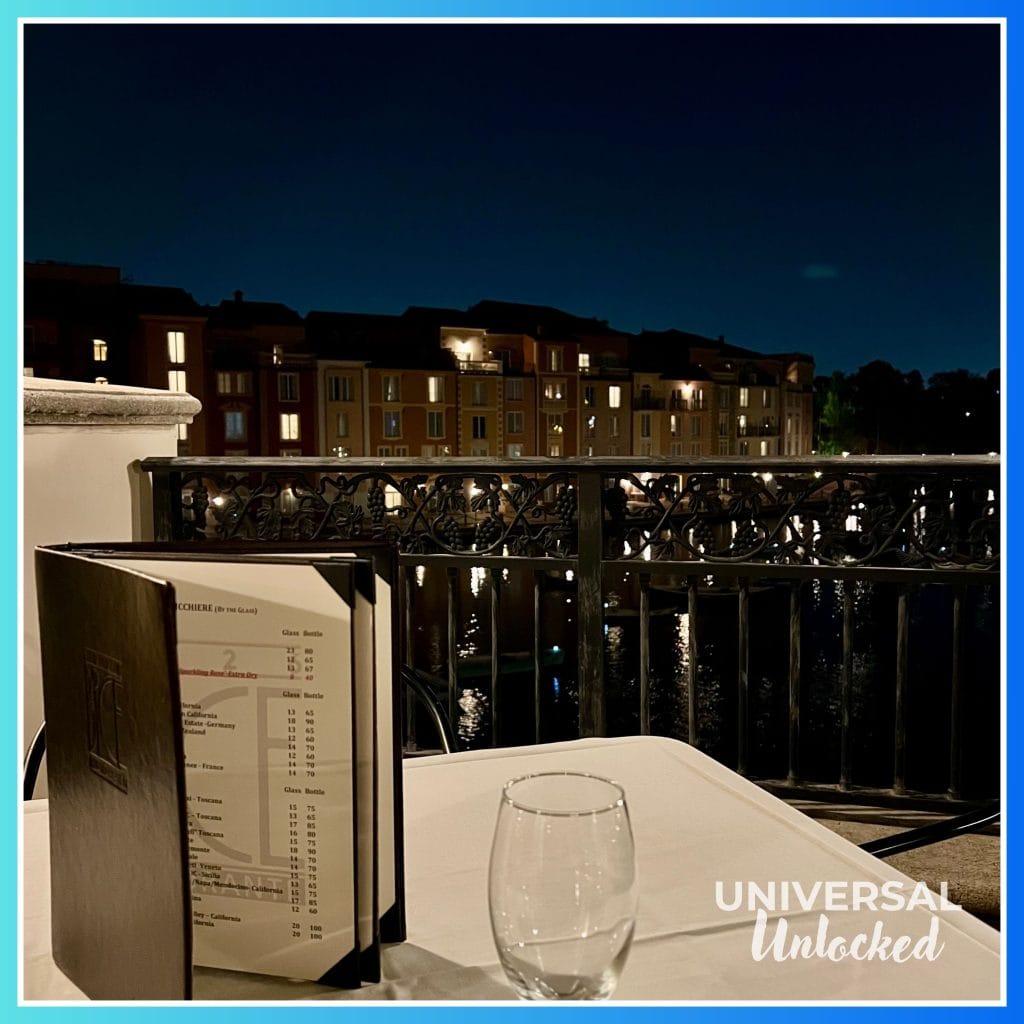 Patio views of the bay at BICE Ristorante at Portofino Bay Hotel