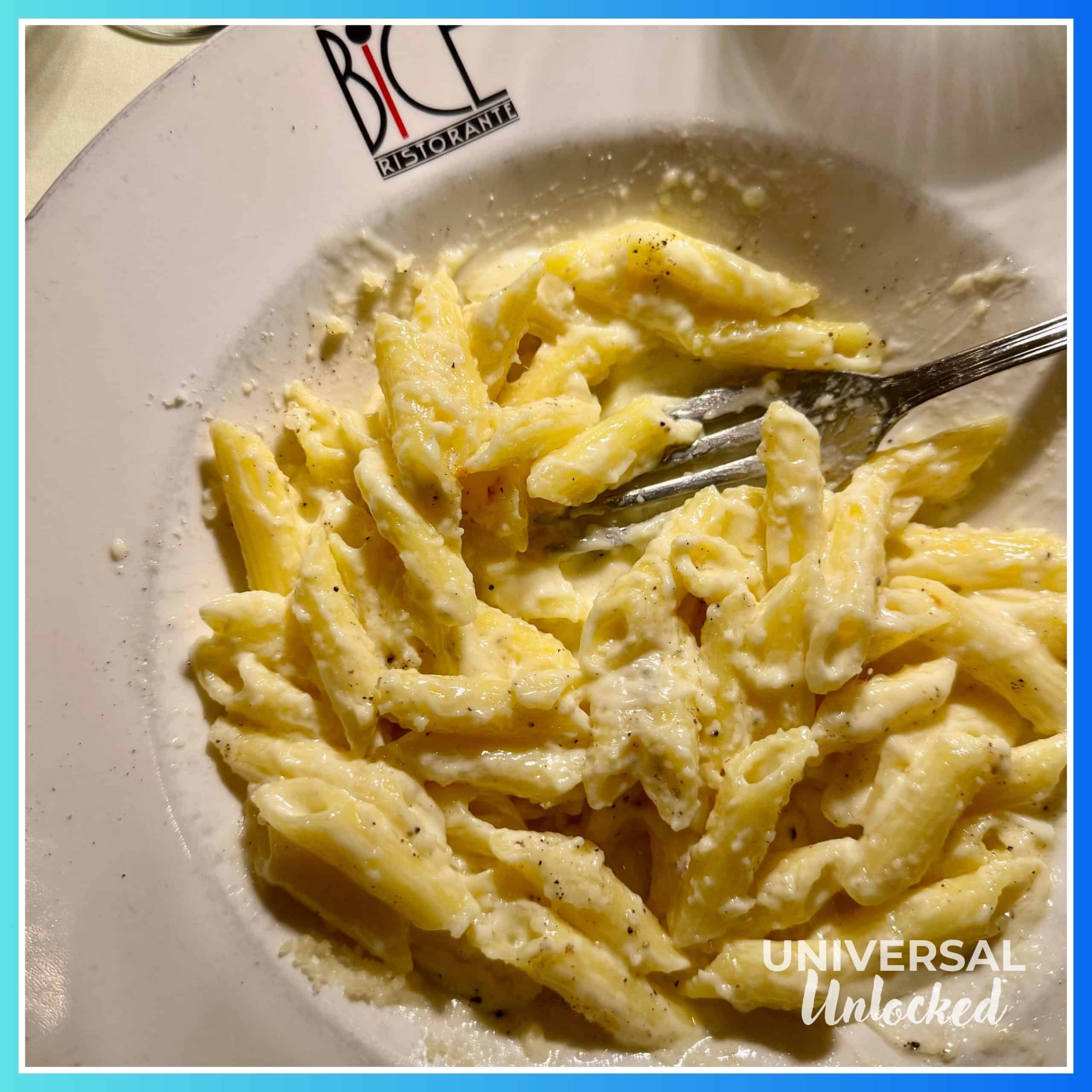 Gluten free Pasta Alfredo at BICE Ristorante at Loews Portofino Bay Hotel