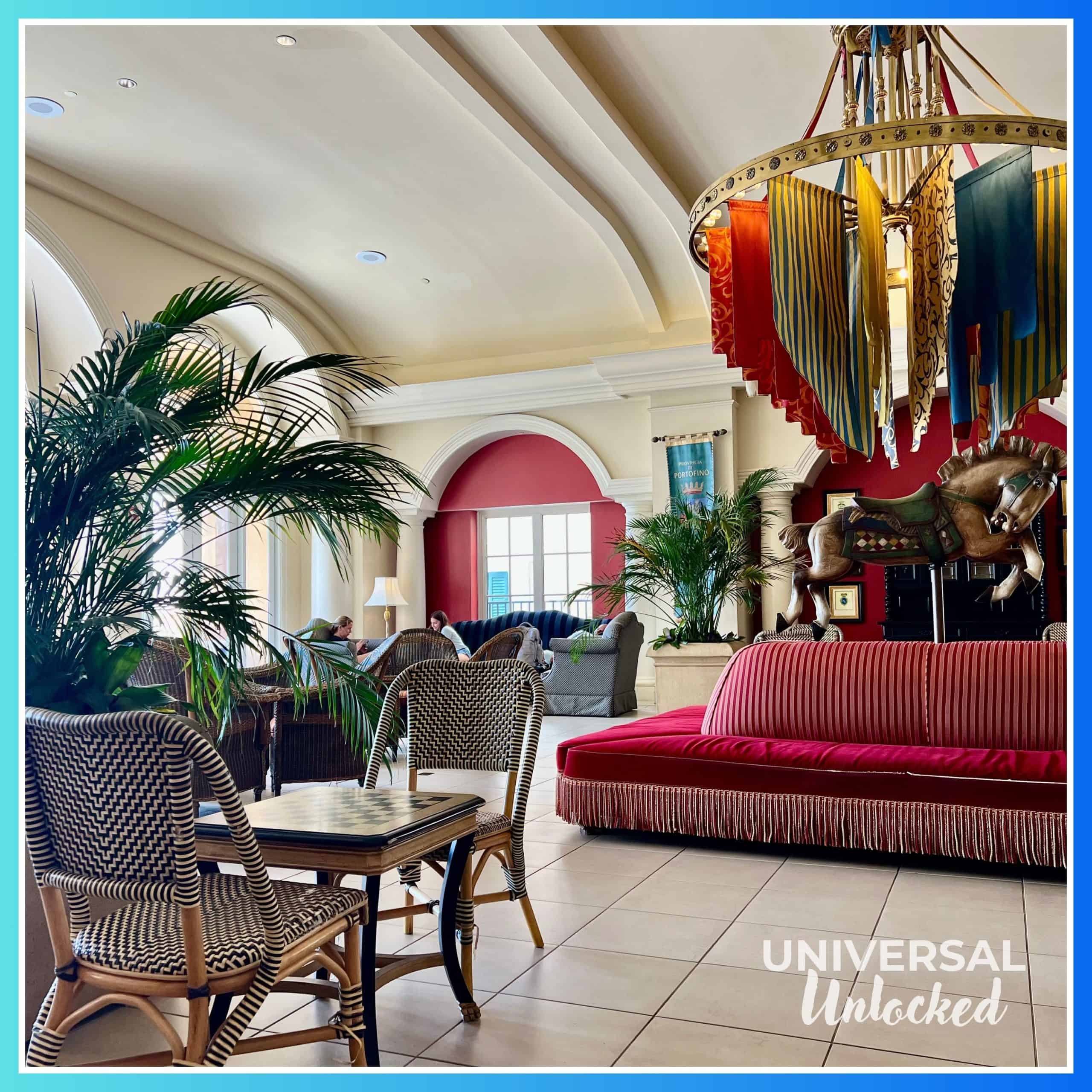Lobby lounge at Portofino Bay Hotel for the Universal Unlocked Loews Portofino Bay Hotel Review