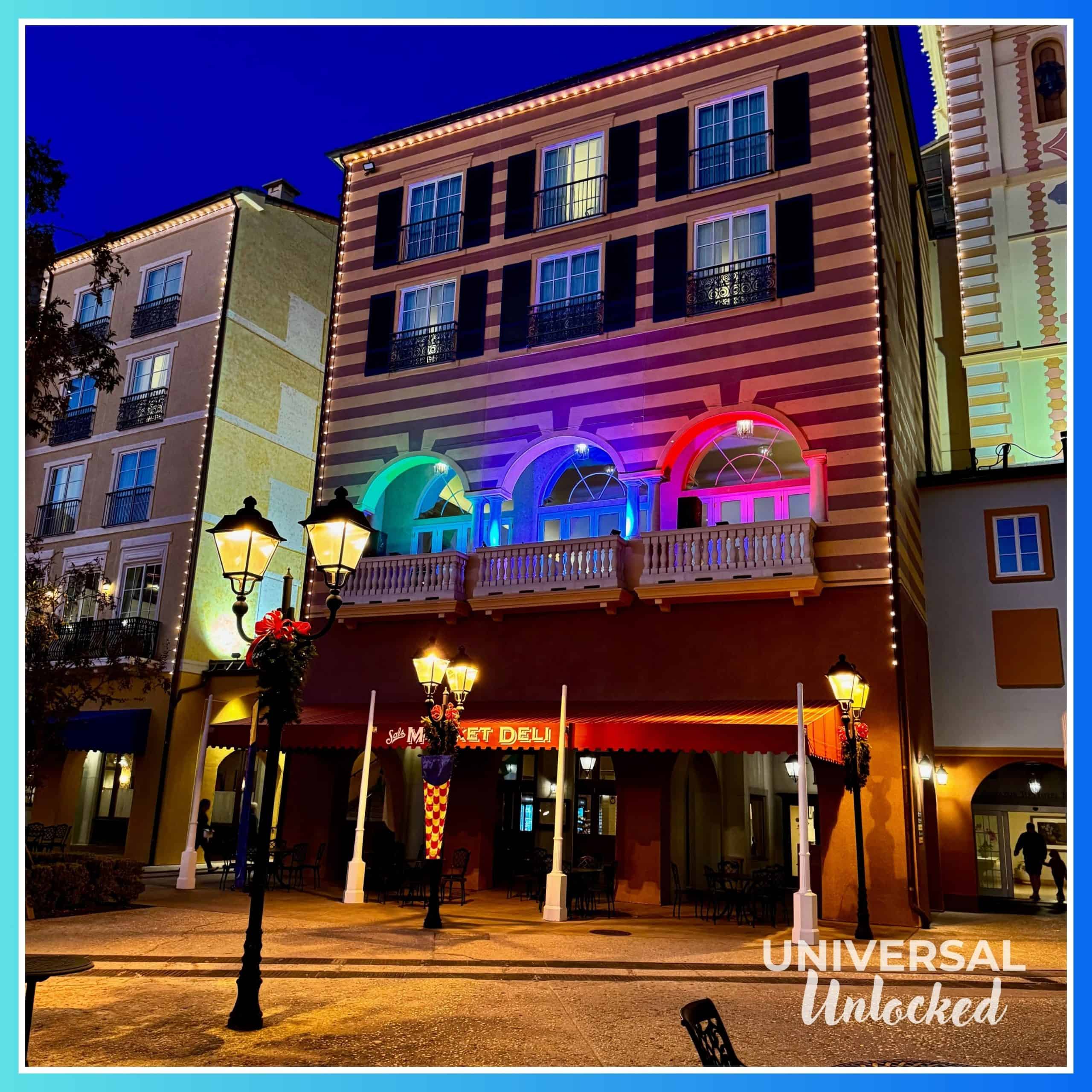The main lobby balcony lit up for Musica della Notte at Loews Portofino Bay Hotel