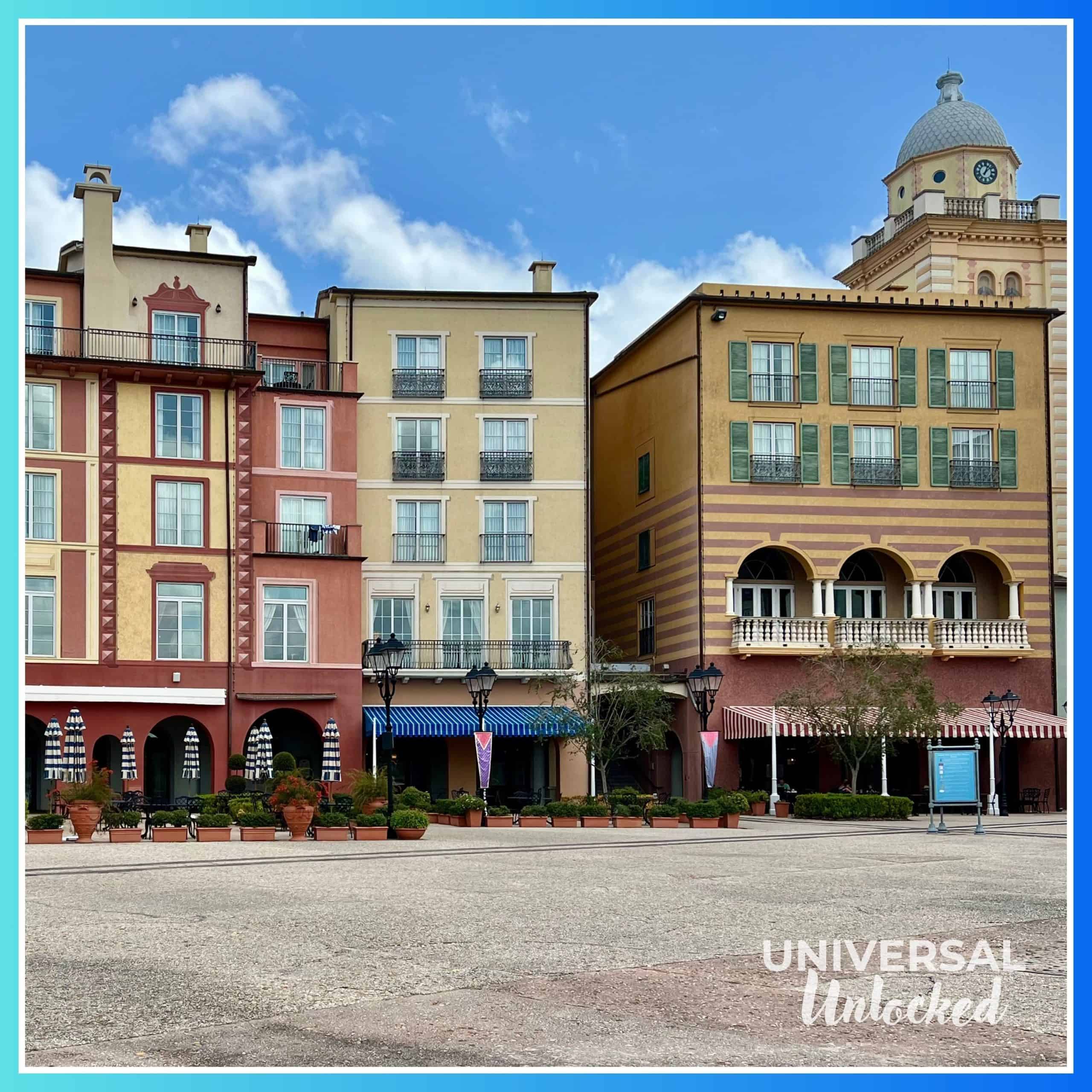 Restaurant storefronts off the Harbor Piazza at Loews Portofino Bay Hotel
