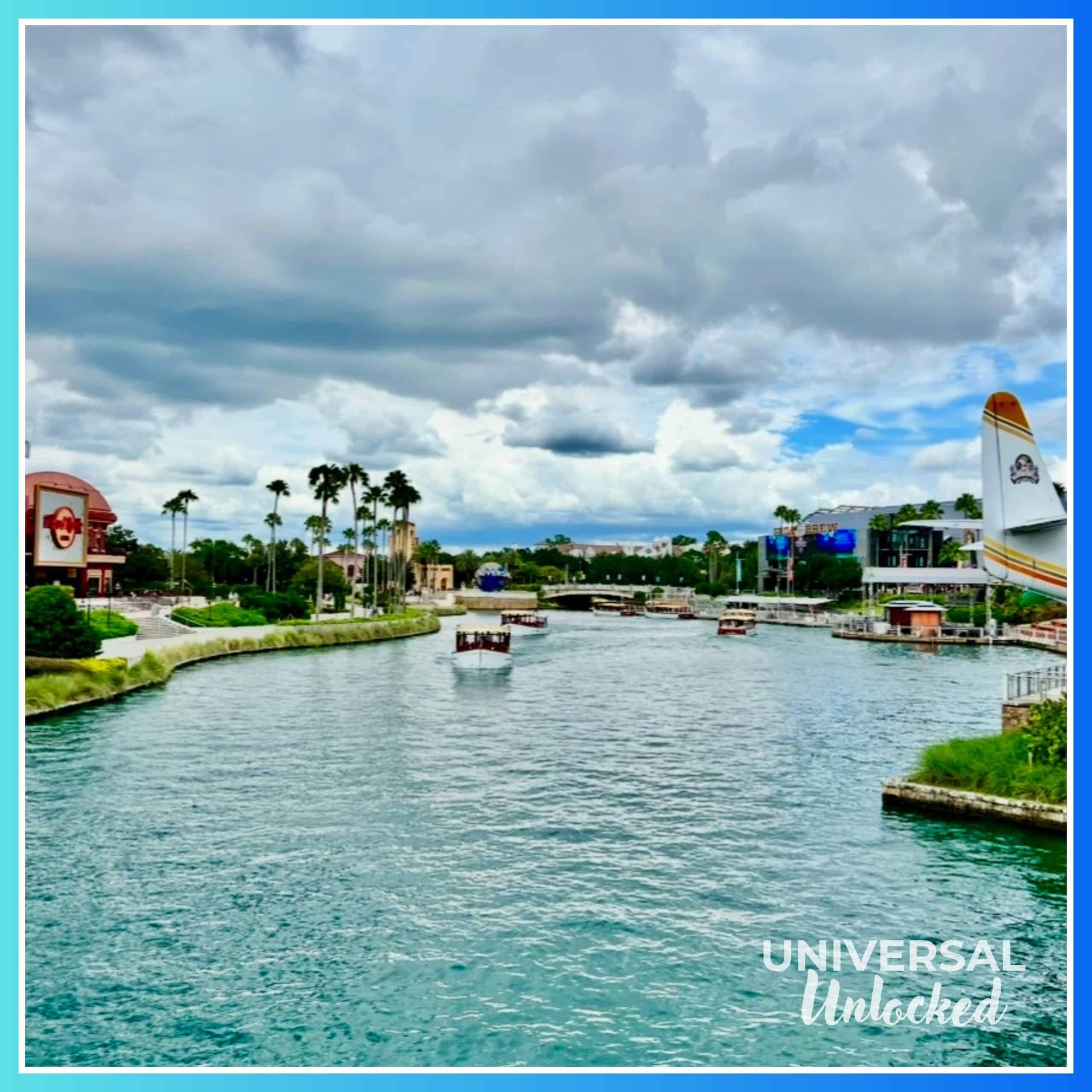 View of water taxis leaving CityWalk at Universal Orlando