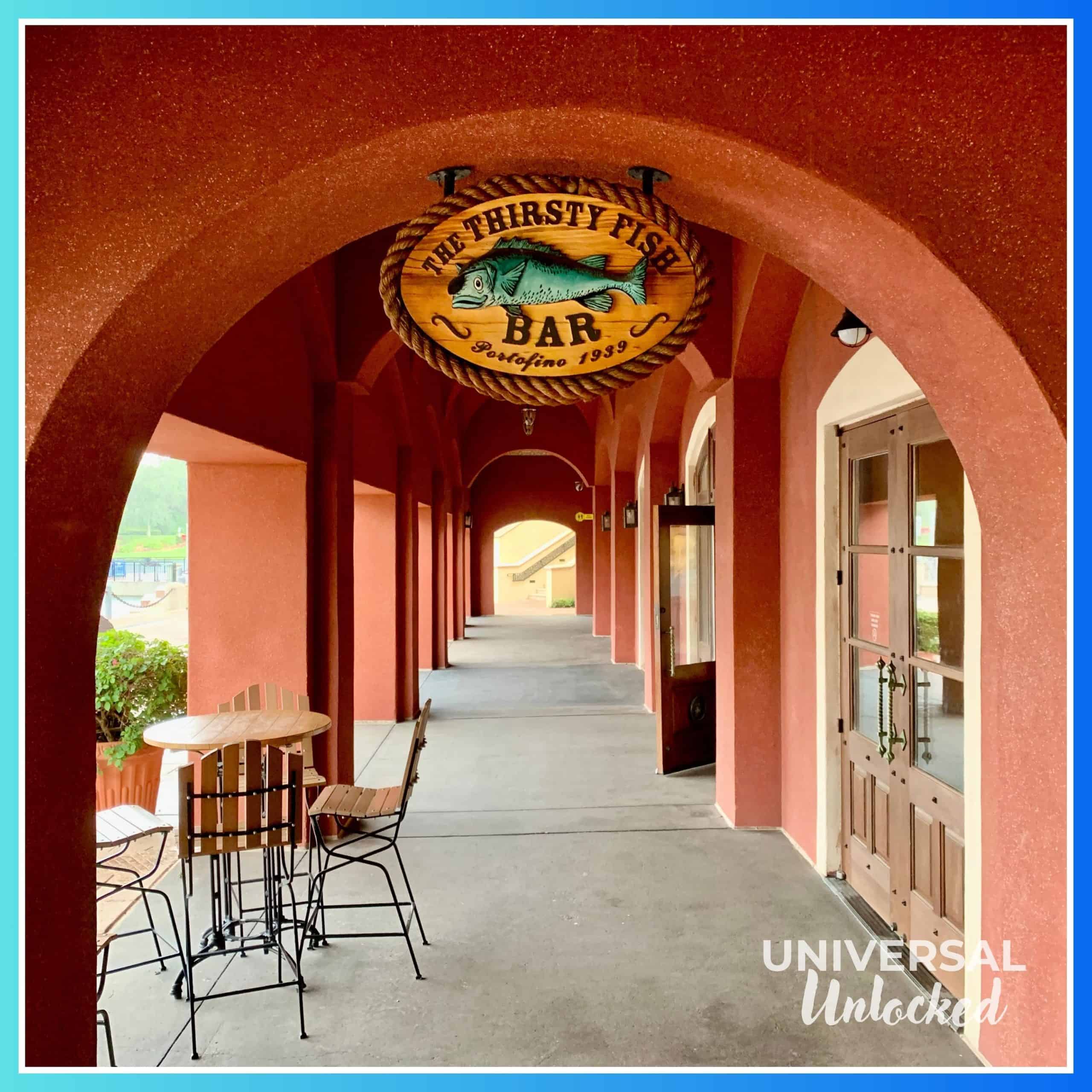 Covered patio at the Thirsty Fish Bar at Portofino Bay Hotel
