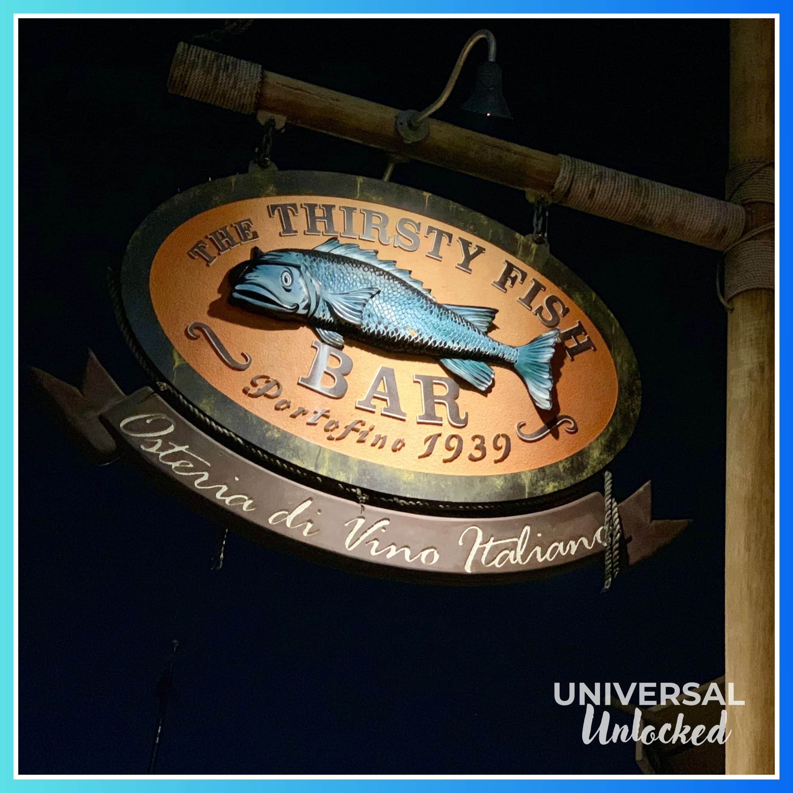 The Thirsty Fish Bar sign at night at Portofino Bay Hotel