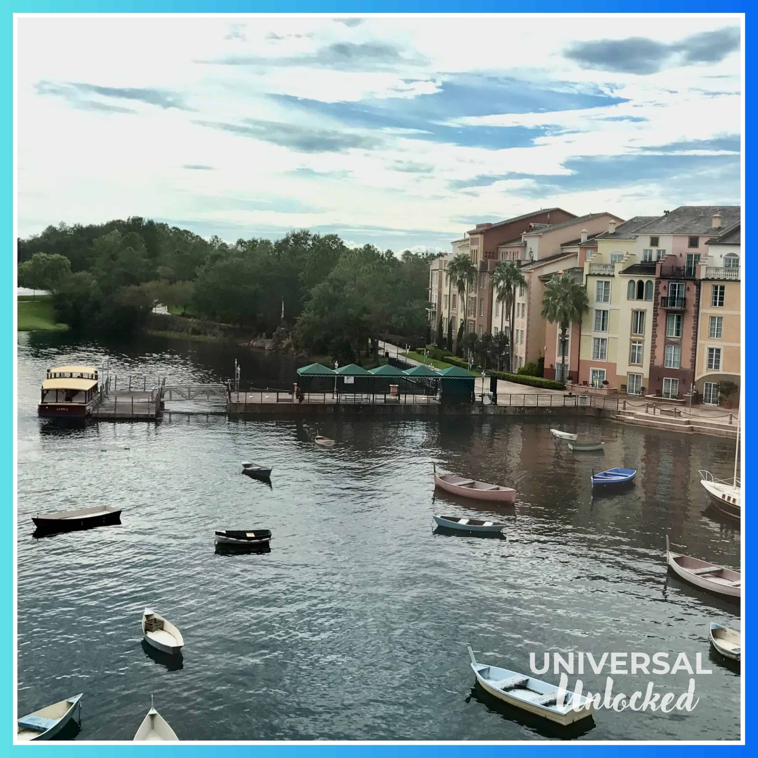 A water taxi docked at Portofino Bay