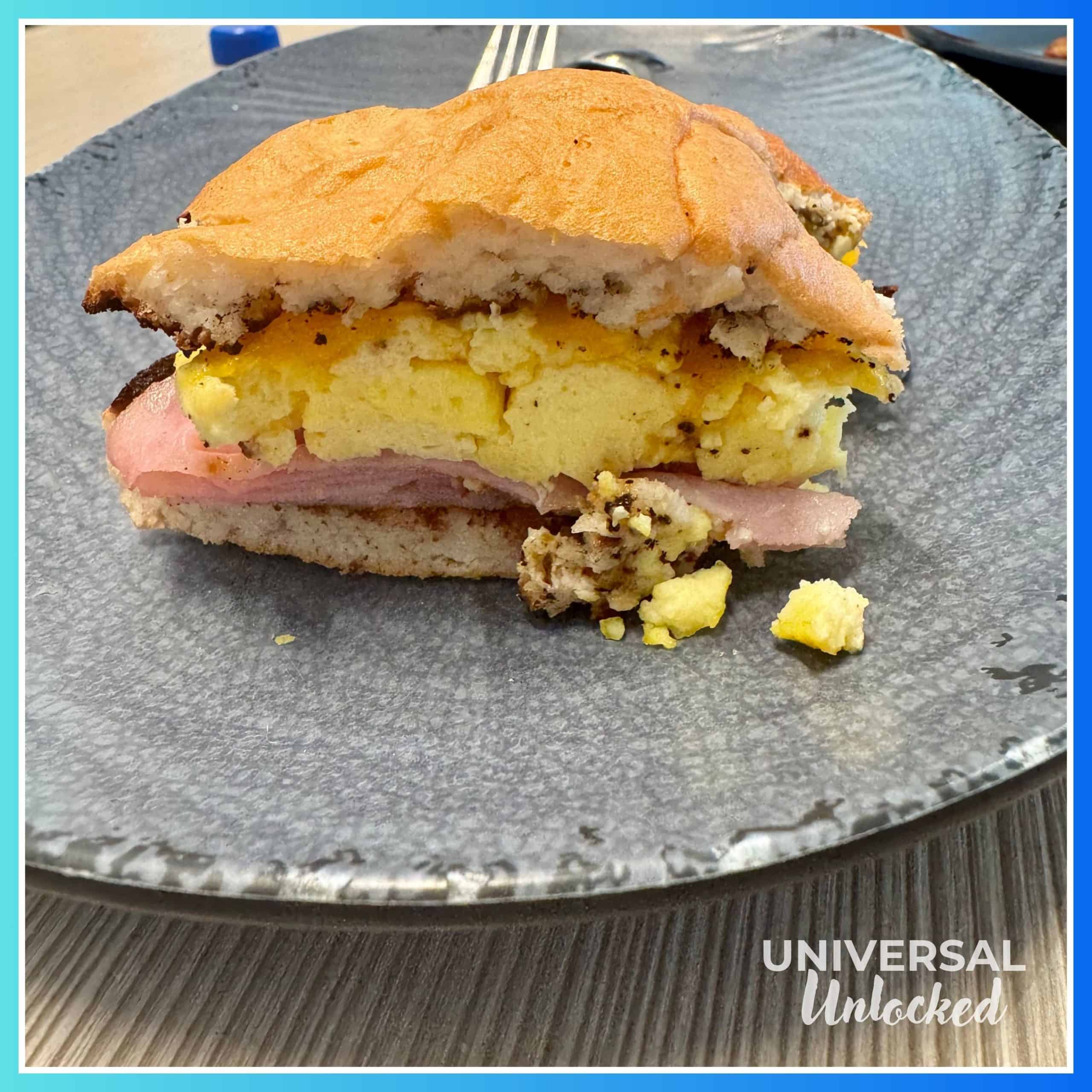 Ham, egg, and cheese breakfast sandwich at the Cosmos Cafe at Stella Nova Resort