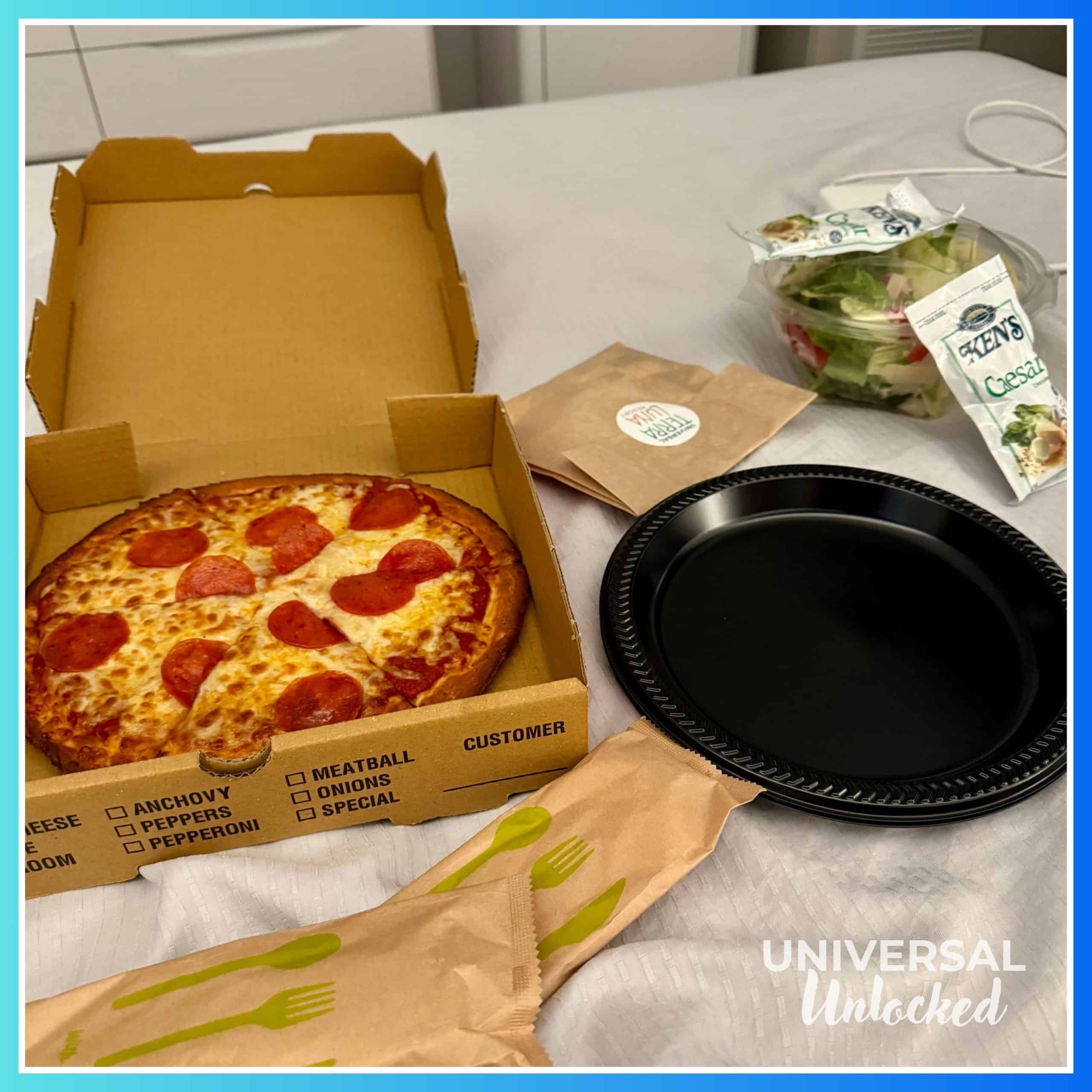Gluten free pepperoni pizza and caesar salad from late night pizza delivery at Terra Luna Resort
