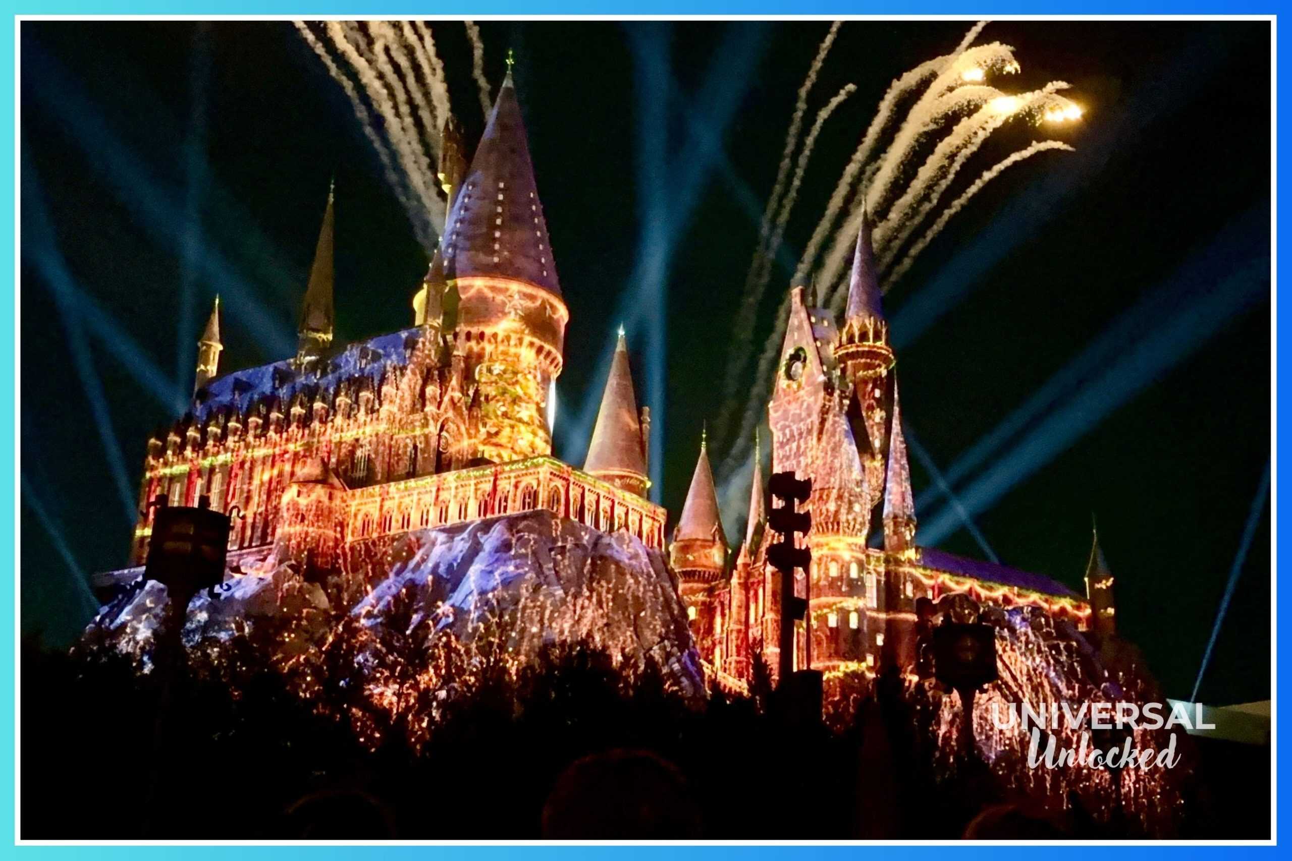 Christmas light show at Hogwarts™ Castle in The Wizarding World of Harry Potter™ – Hogsmeade™ in Islands of Adventure