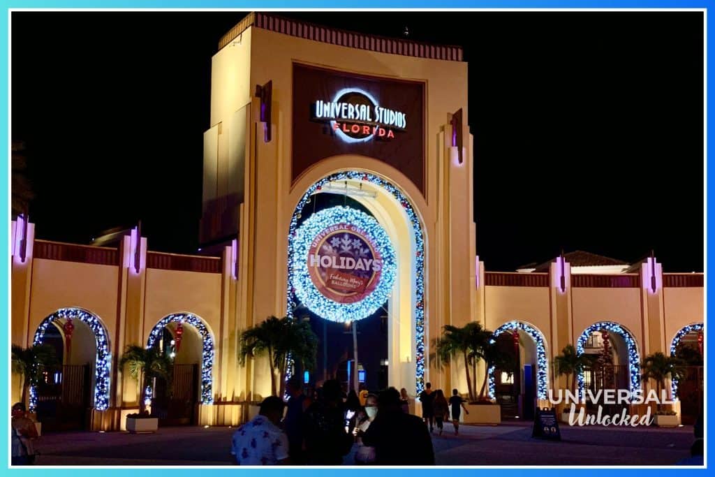 Entrance to Universal Studios Florida during its Christmas celebrations