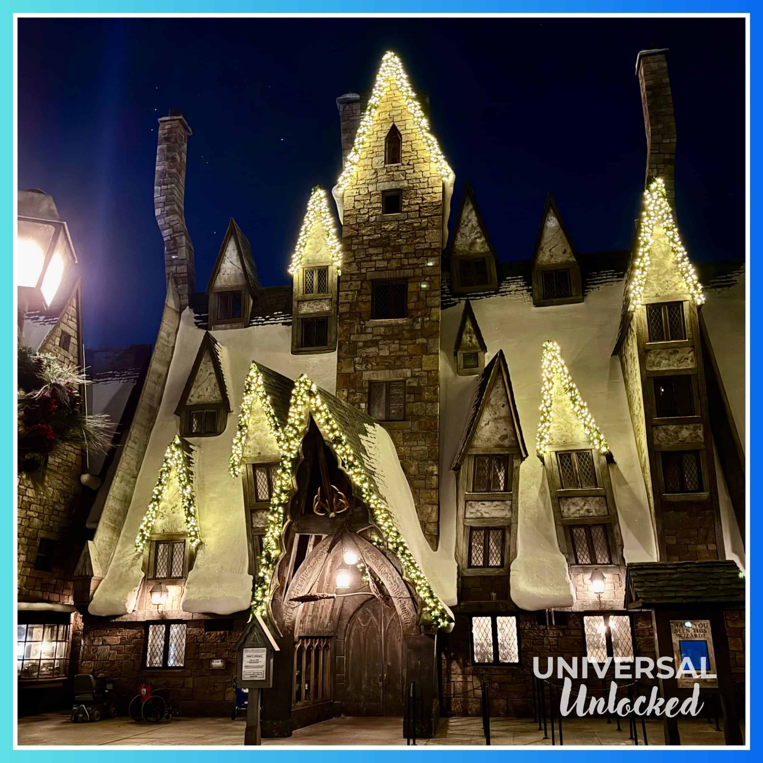 Hogsmeade Christmas decor during the 2024 Universal Orlando Holiday Celebrations