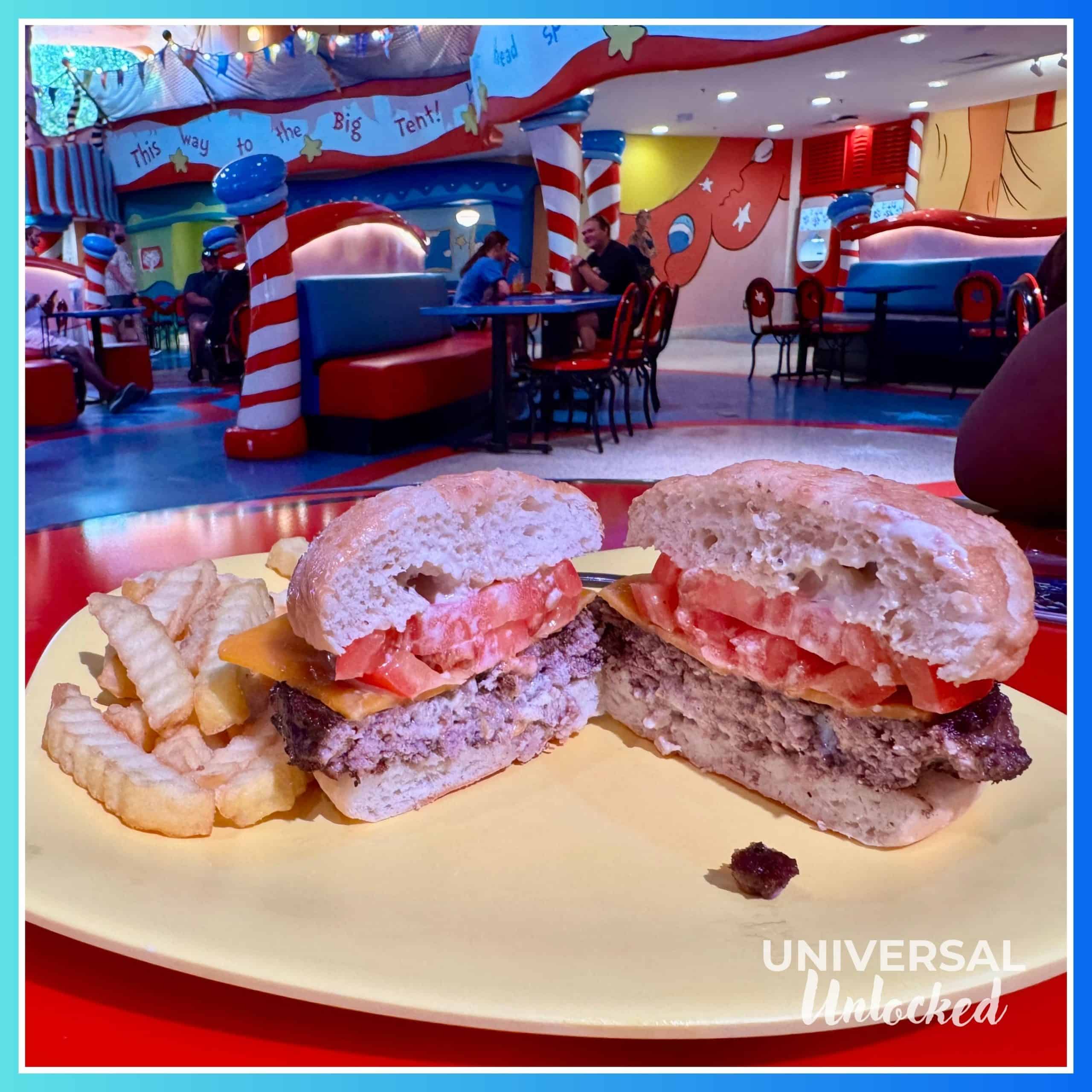 Burger and fries at Inside the Circus McGurkus Cafe Stoo-pendous™ in Seuss Landing