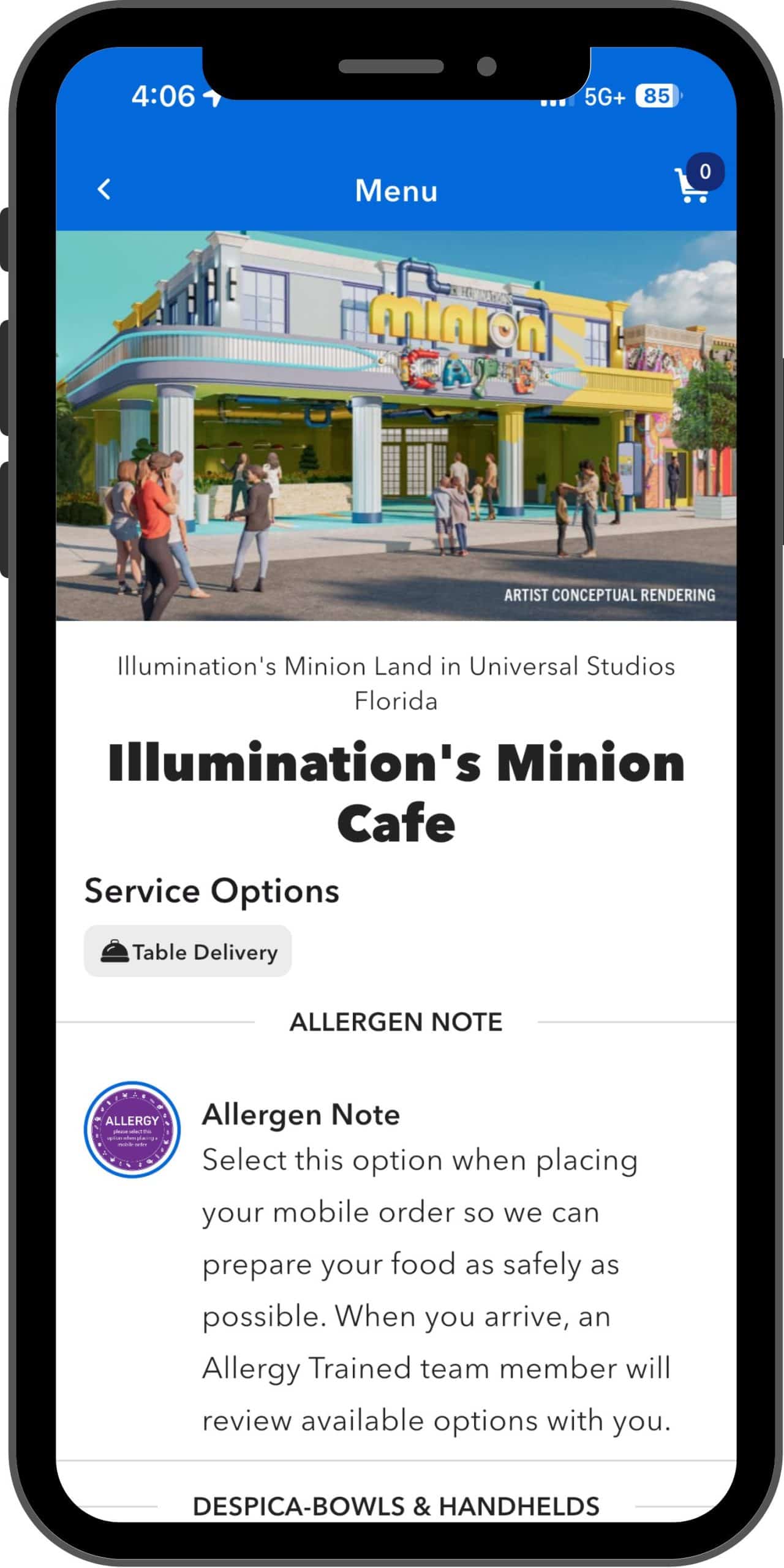 Example of allergy friendly mobile ordering at Universal Orlando theme parks