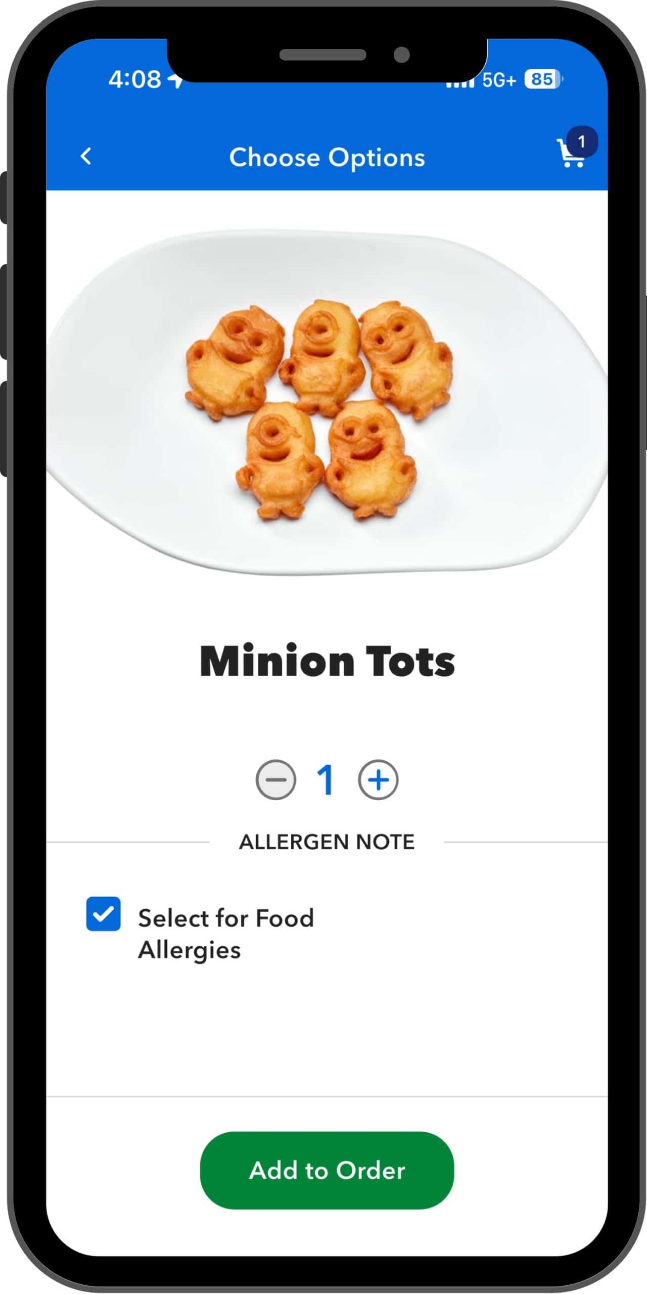 Example of allergy friendly mobile ordering at Universal Orlando theme parks