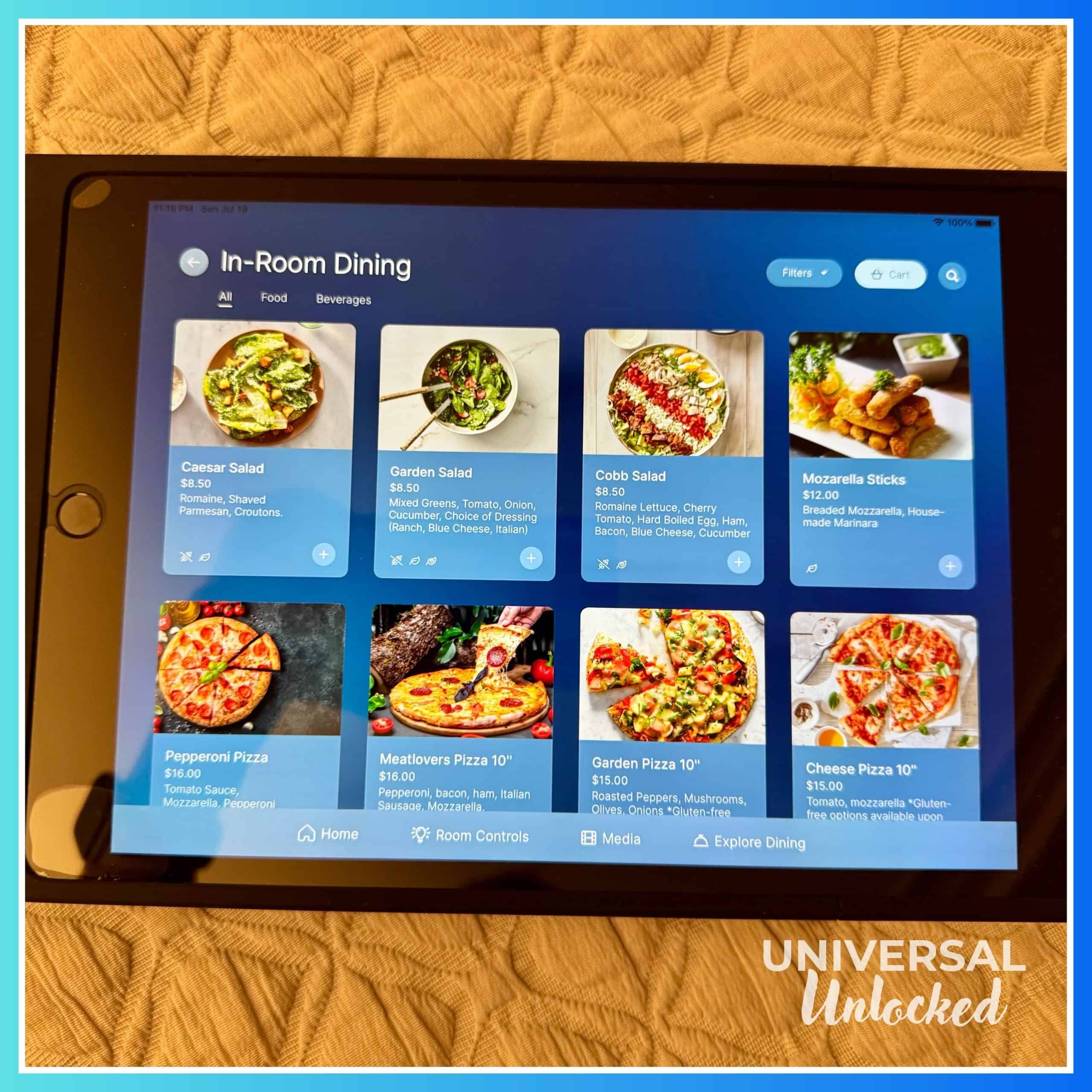 In room dining menu at Aventura Hotel
