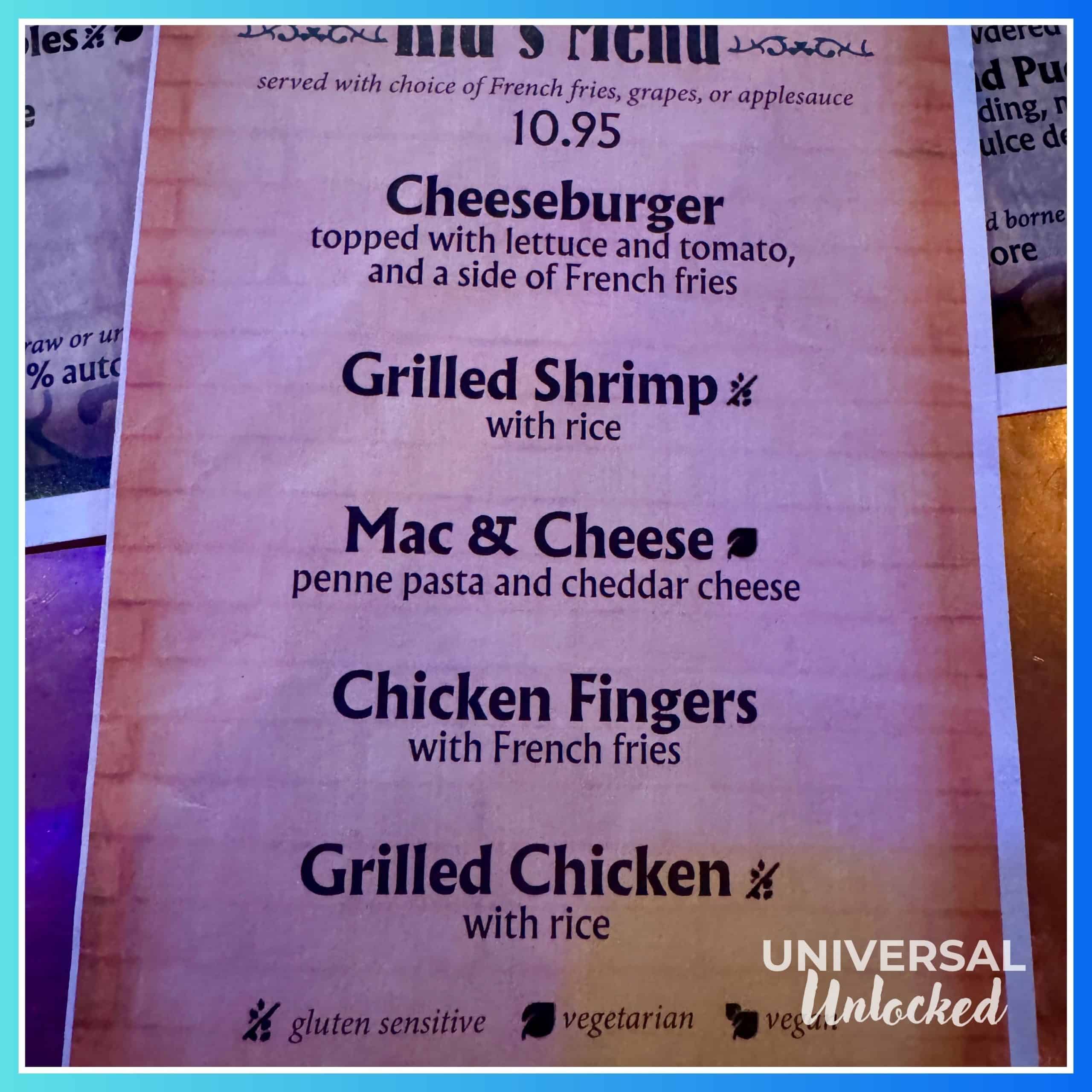 Kids menu at Pat O'Brien's at CityWalk Orlando