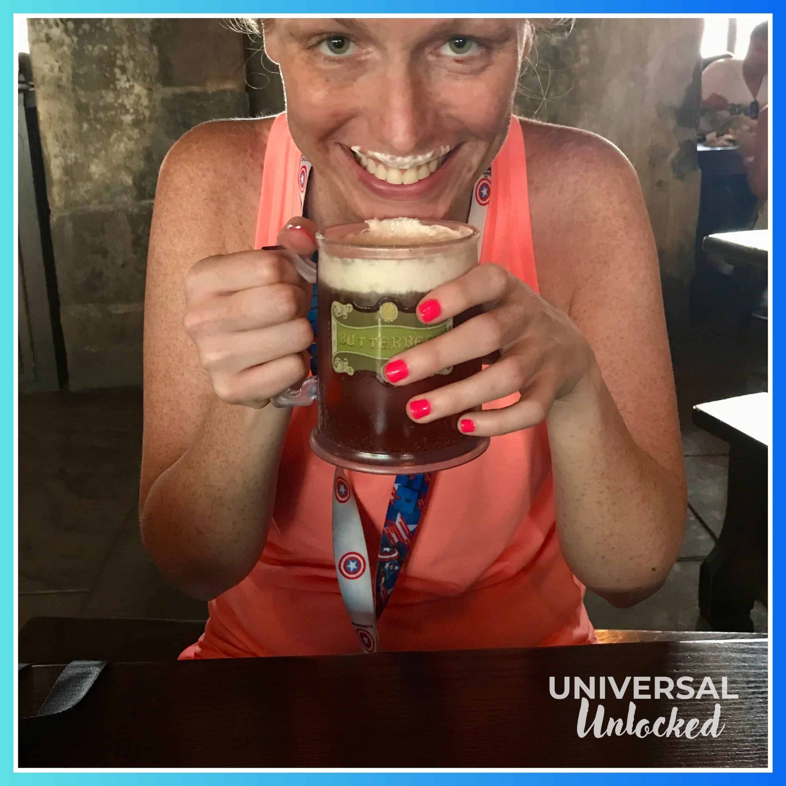 Laney tasting butterbeer for the first time at the Hog's Head at Islands of Adventure