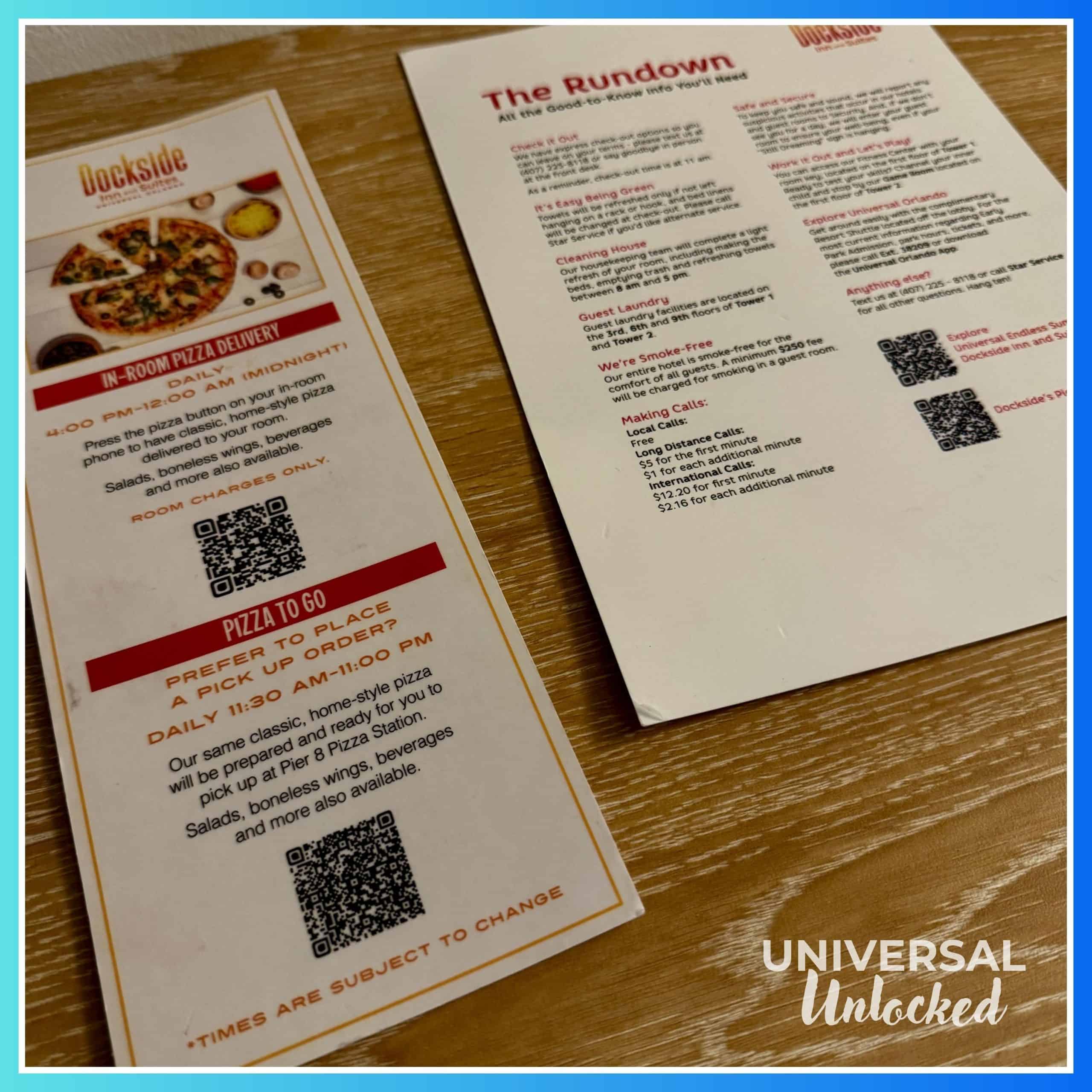 Pizza delivery service menu at Dockside Inn and Suites