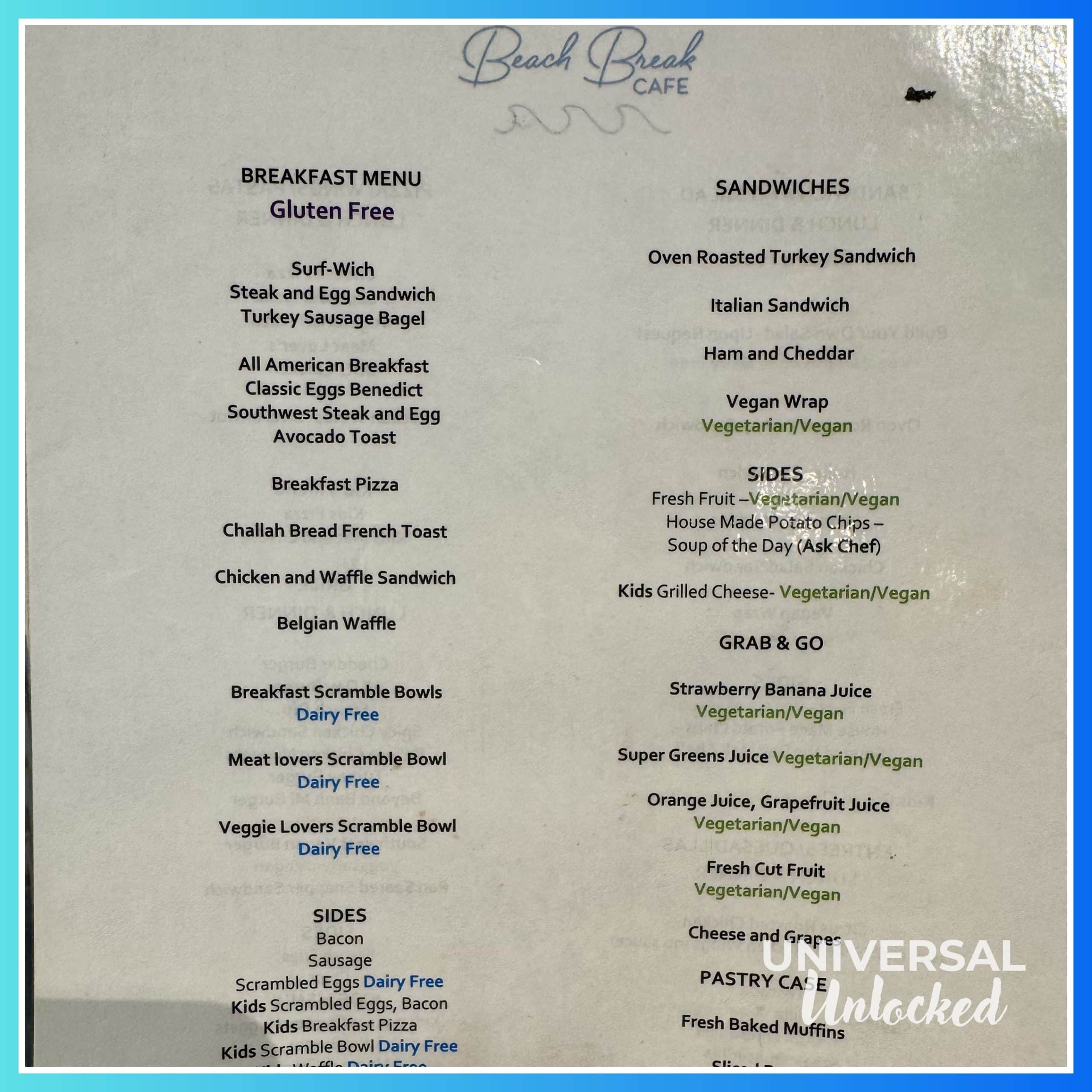 Gluten free menu at Beach Break Cafe