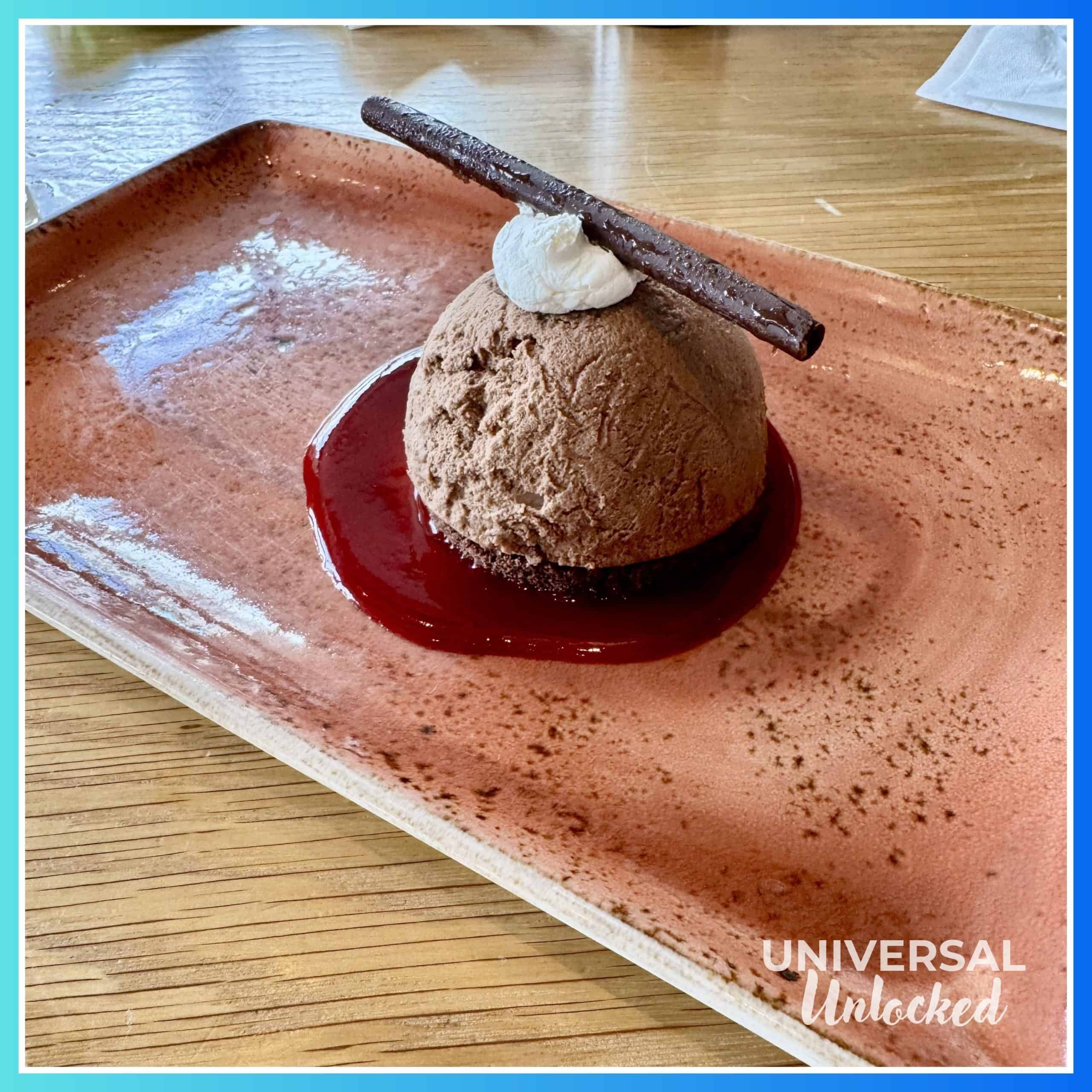 Gluten free dark chocolate mousse with raspberry at Amatista Cookhouse