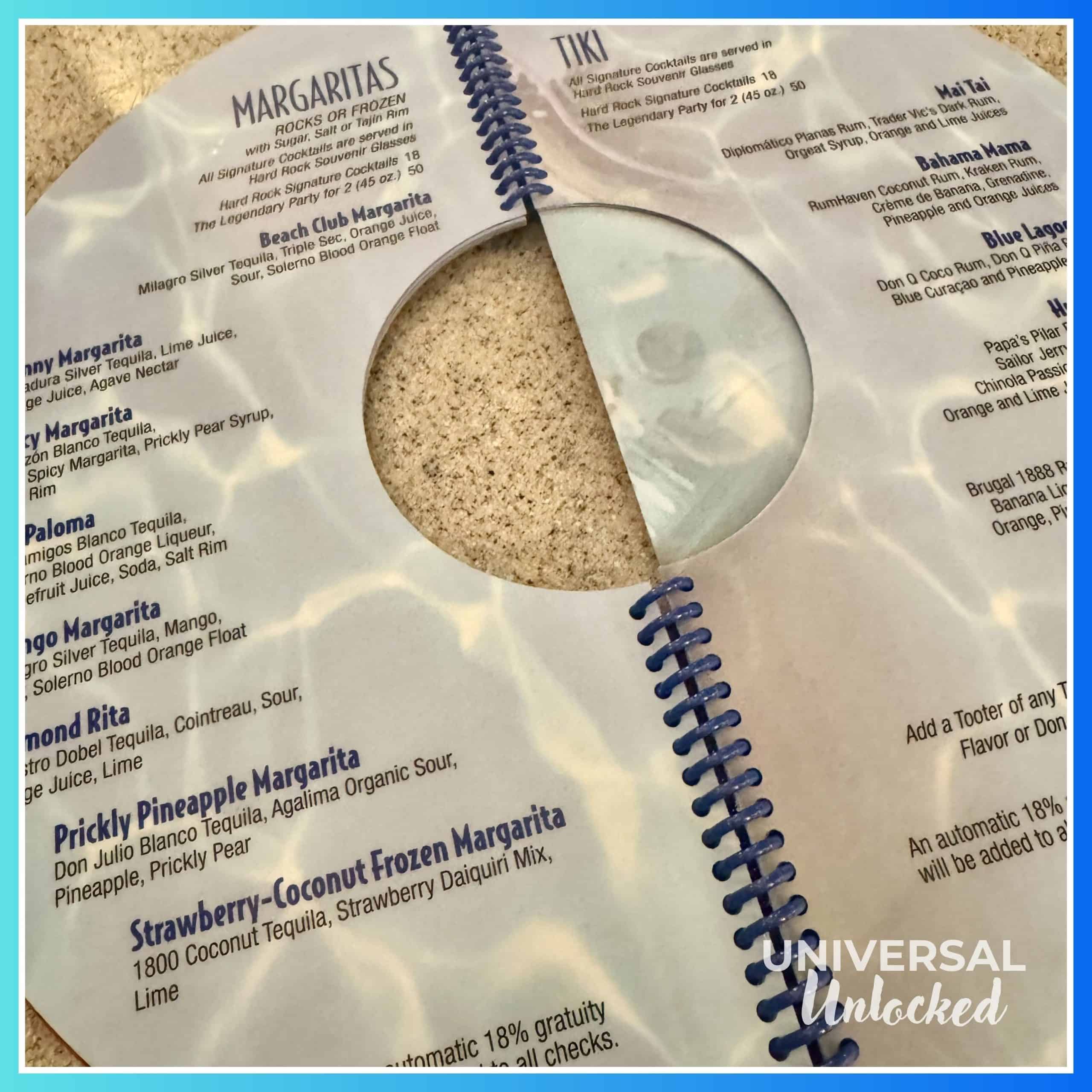 beachclub menu at the Hard Rock Hotel Orlando