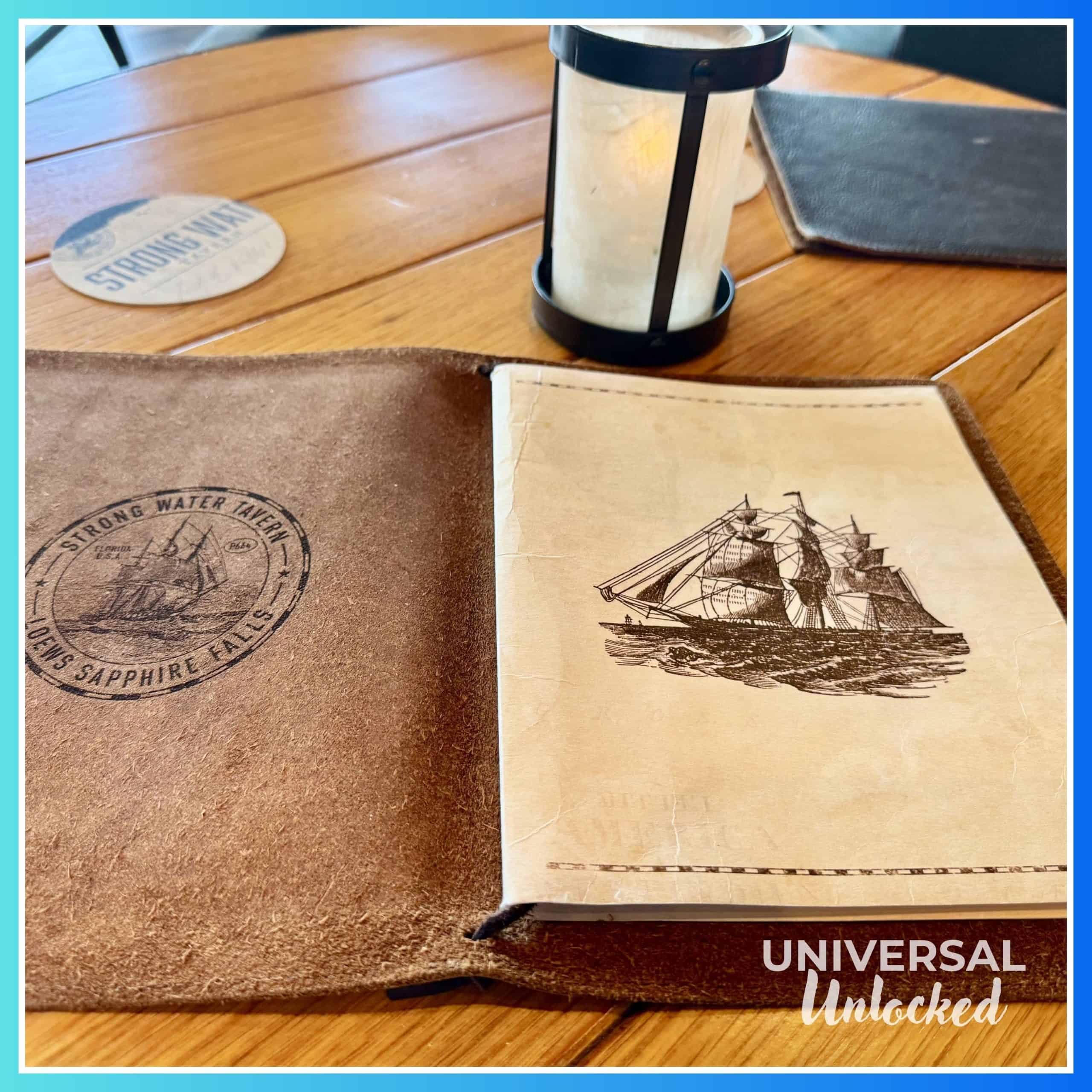 Menu at Strong Water Tavern off the lobby at Loews Sapphire Falls Resort